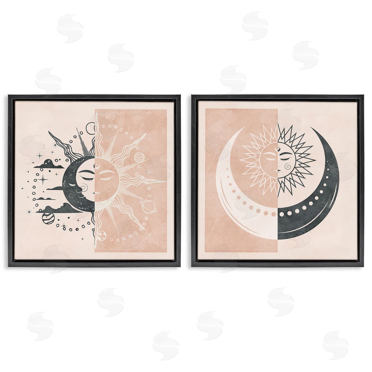 Boho Two Tone Moon Sun Black Floating Frame Canvas Wall Art, Home Decor by Nina Blue
