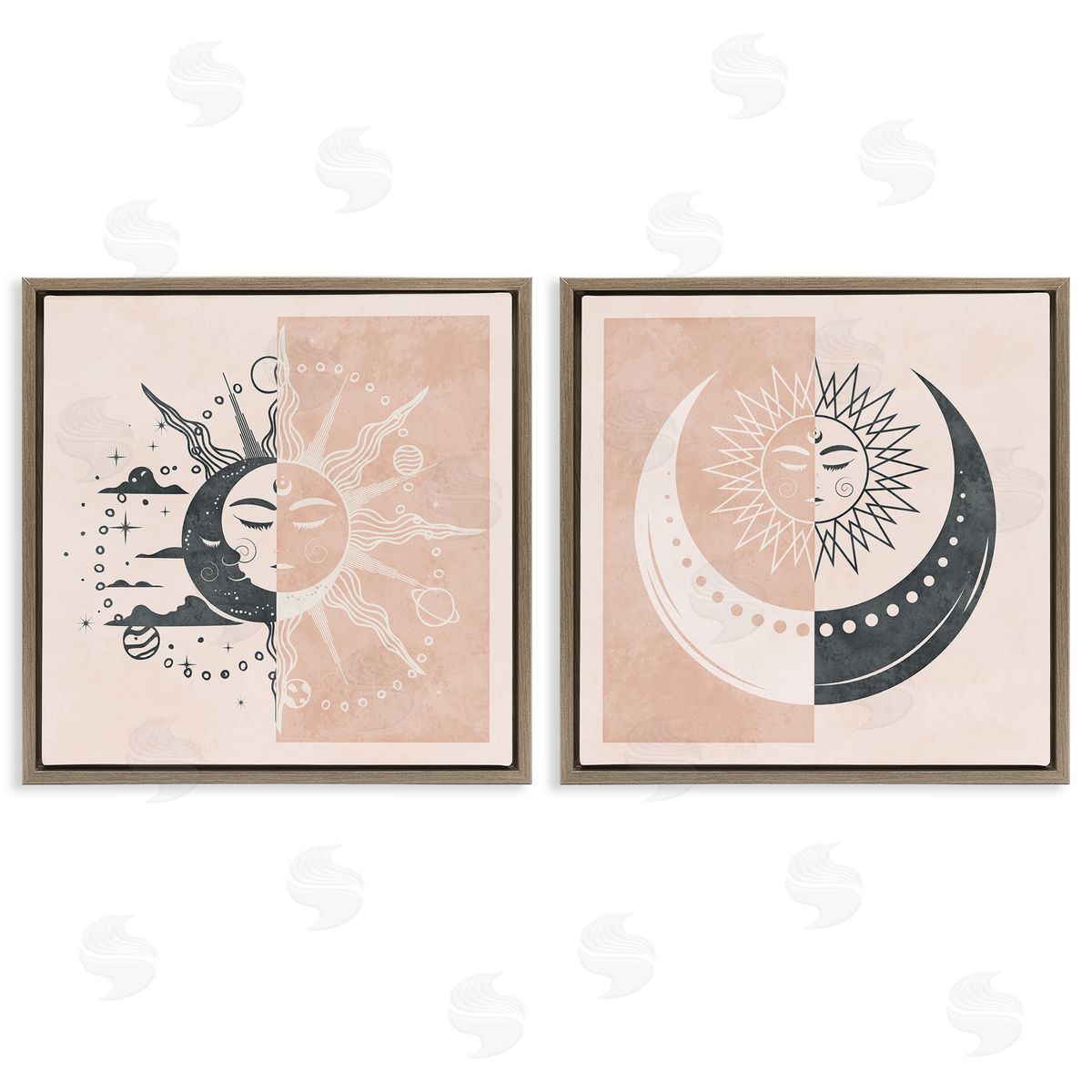 Boho Two Tone Moon Sun Brown Floating Frame Canvas Wall Art, Home Decor by Nina Blue