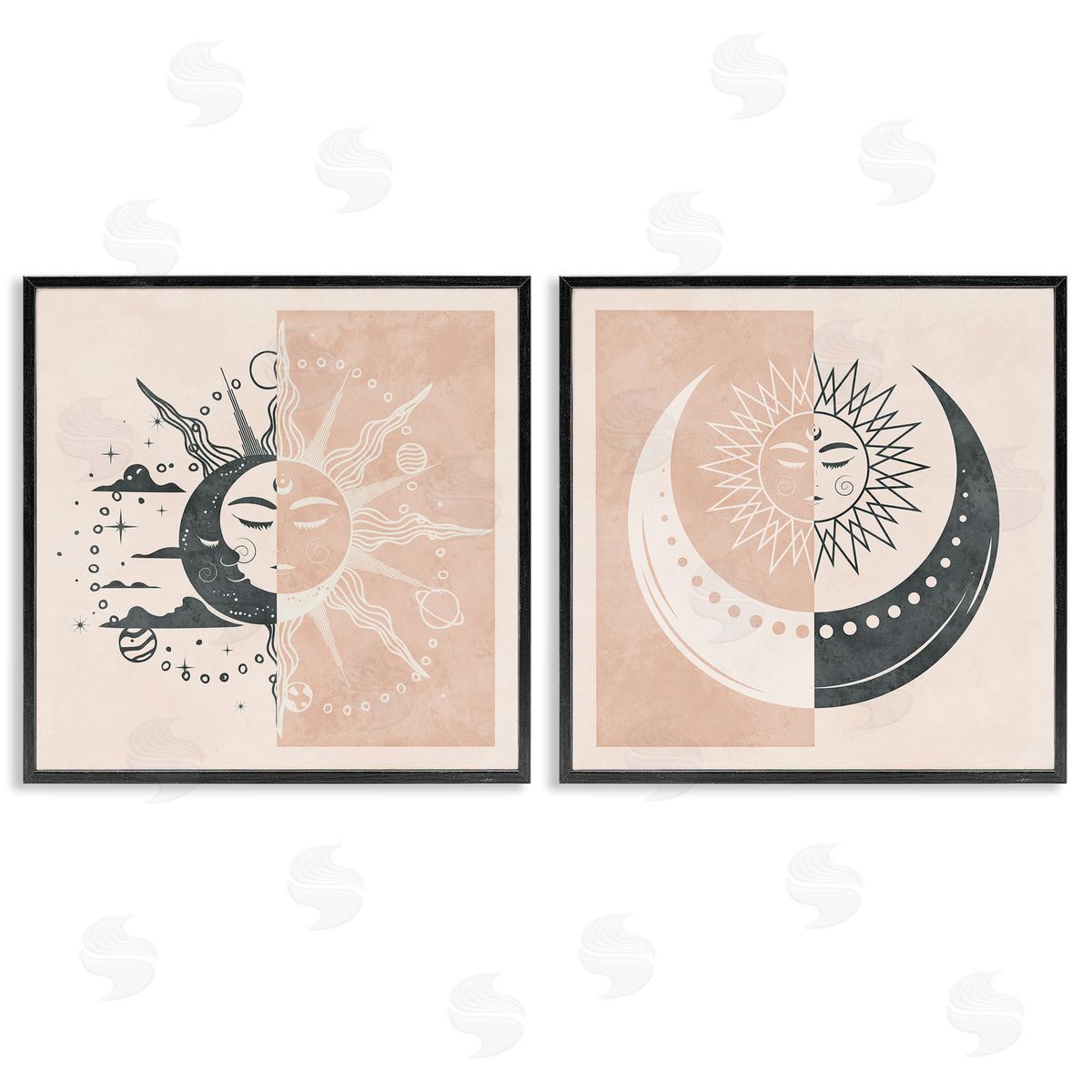 Boho Two Tone Moon Sun Black Frame Print Wall Art, Home Decor by Nina Blue