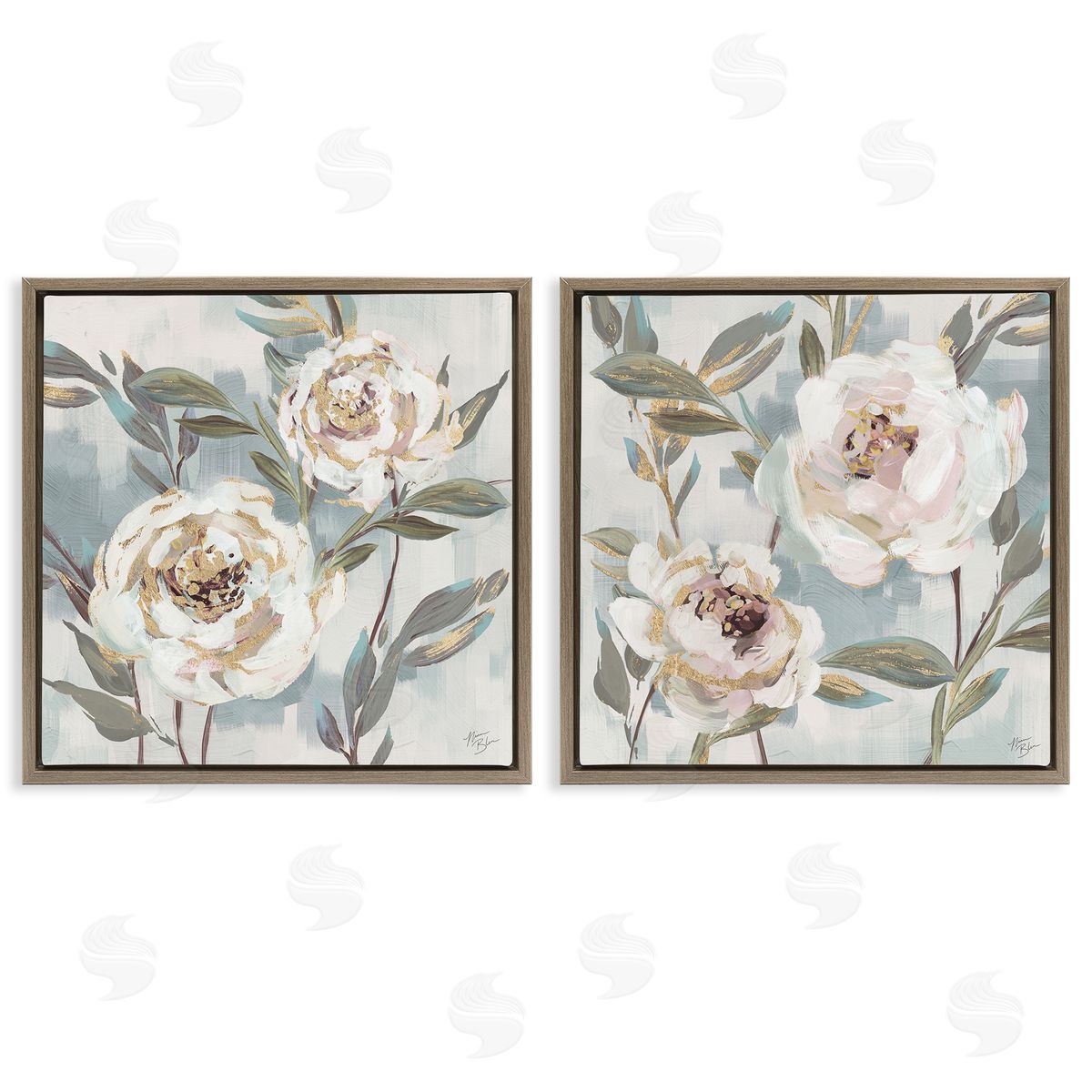 Country Antique Blossoms Brown Floating Frame Canvas Wall Art, Home Decor by Nina Blue