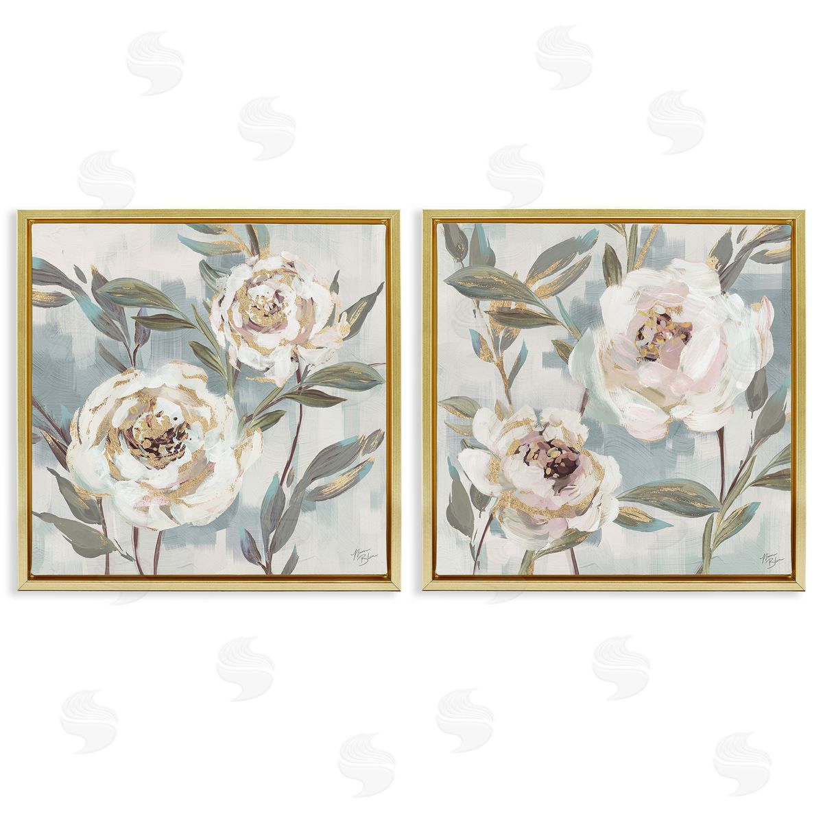 Country Antique Blossoms Gold Floating Frame Canvas Wall Art, Home Decor by Nina Blue