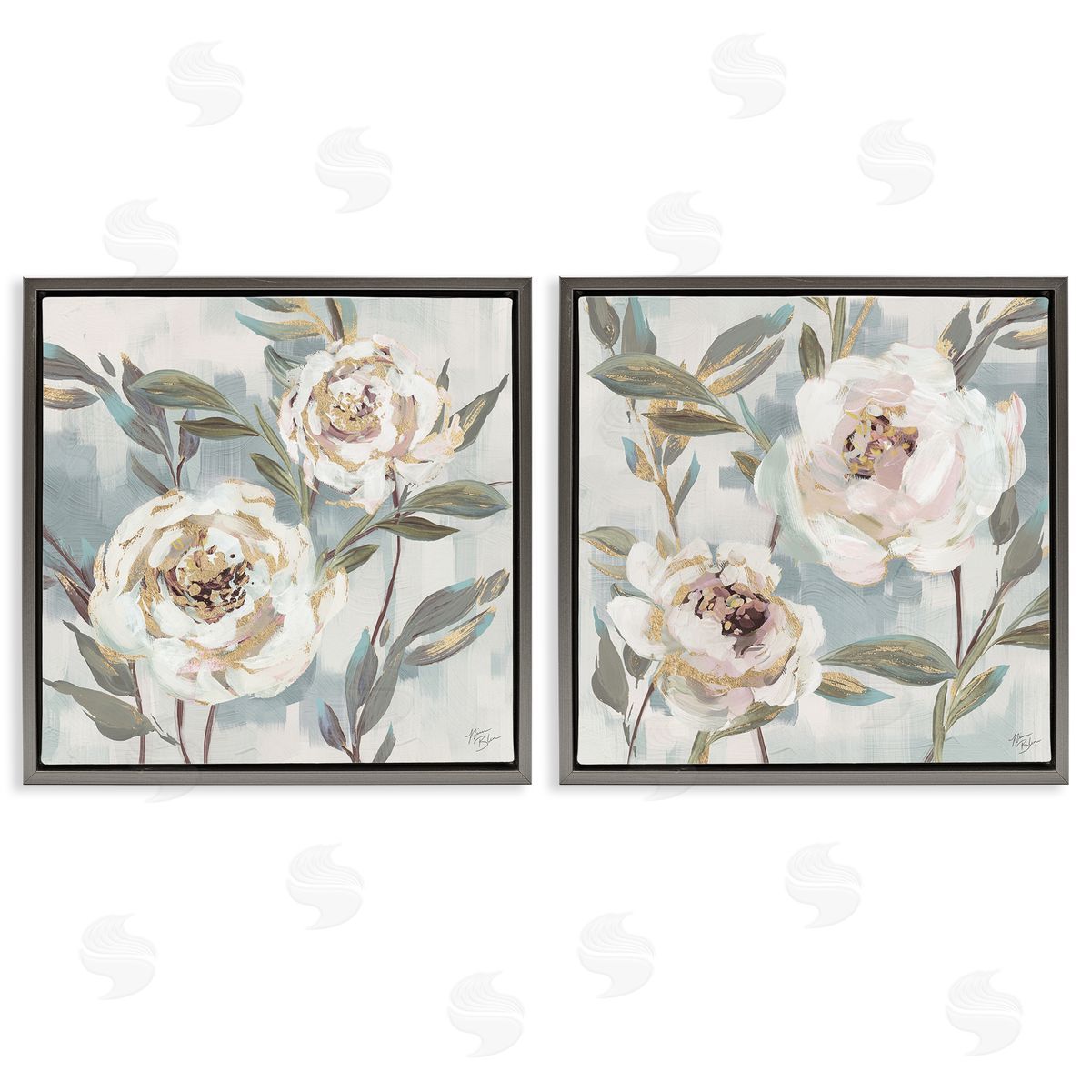 Country Antique Blossoms Grey Floating Frame Canvas Wall Art, Home Decor by Nina Blue