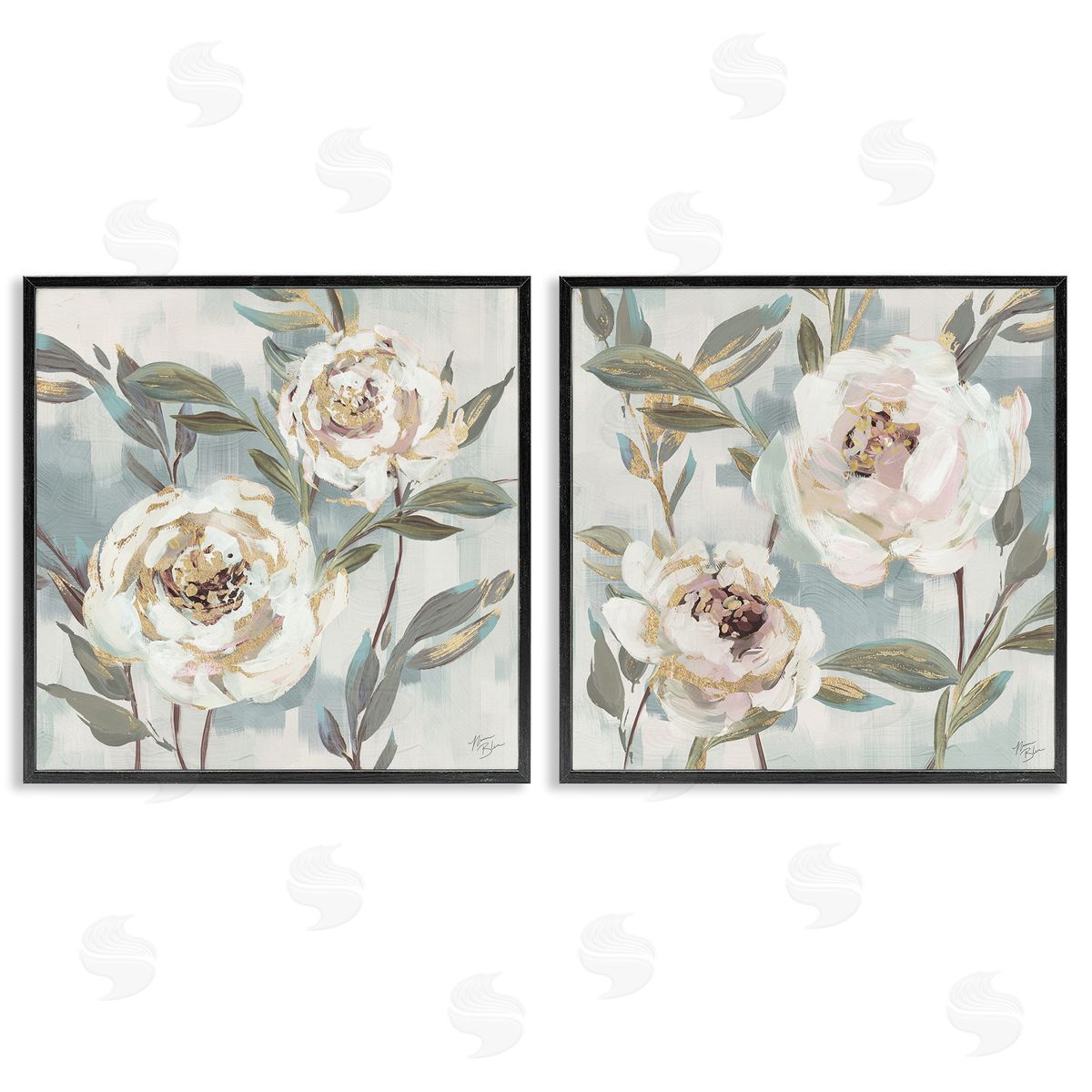 Country Antique Blossoms Black Frame Print Wall Art, Home Decor by Nina Blue