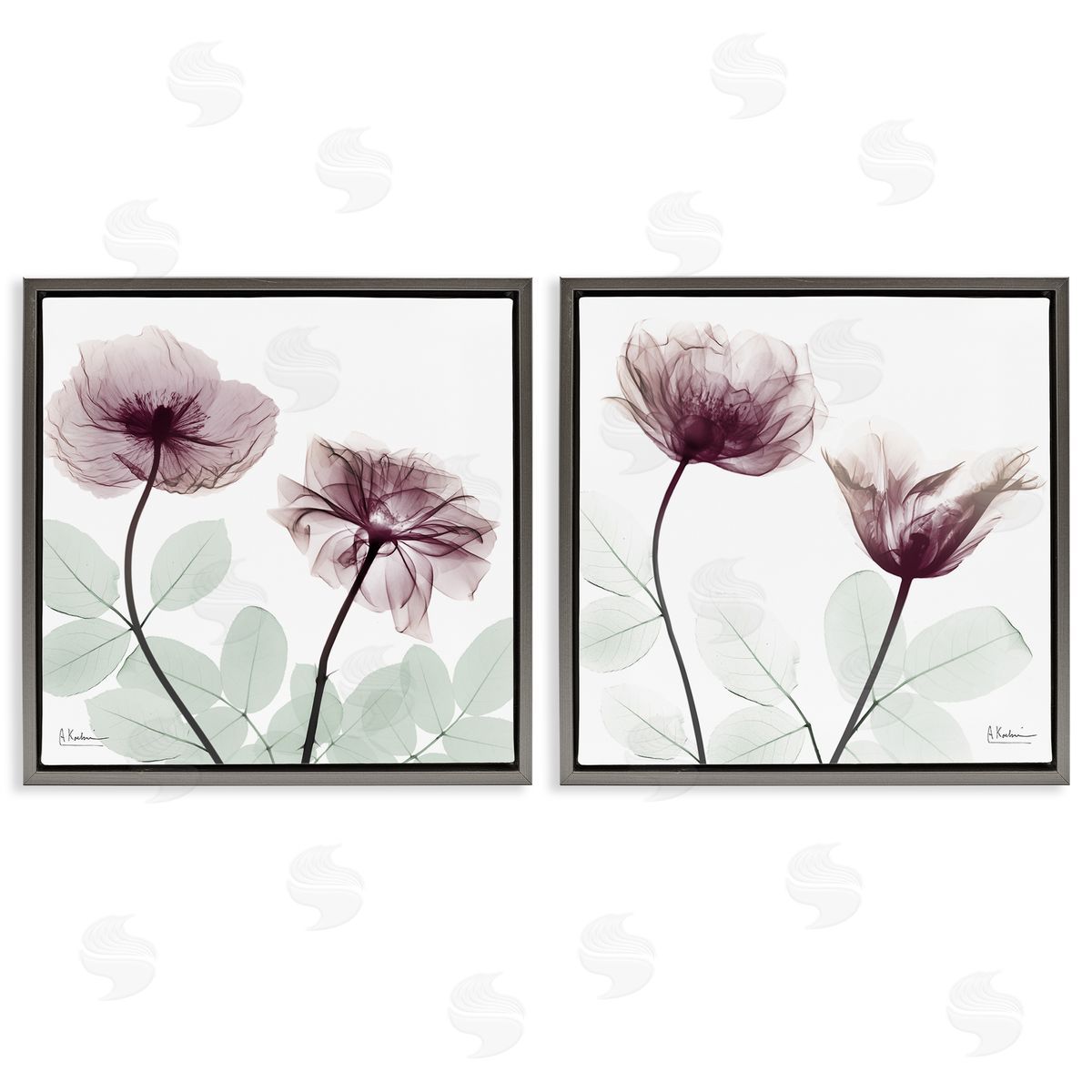 Delicate Mauve Flowers Grey Floating Frame Canvas Wall Art, Home Decor by Albert Koetsier