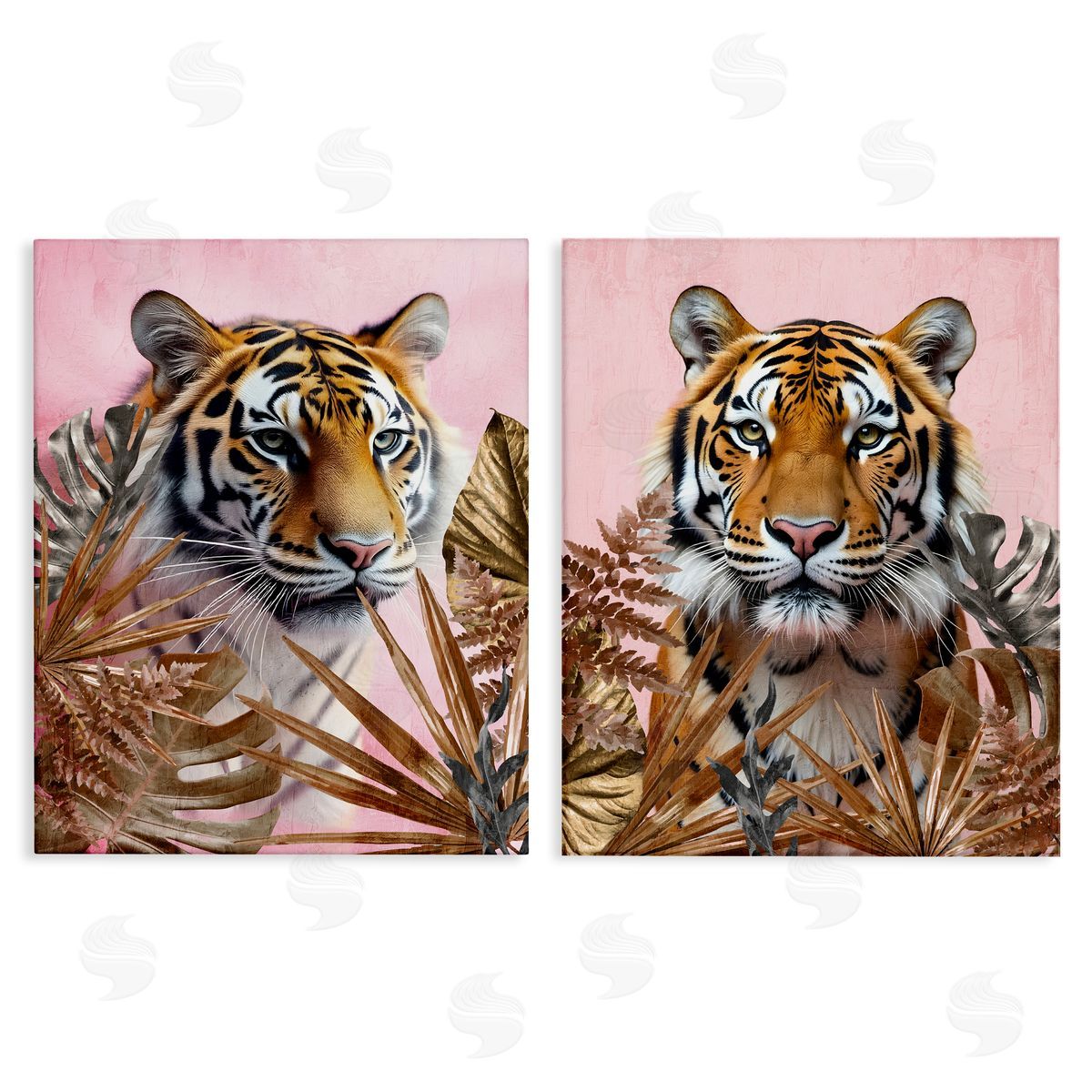 Fierce Tigers & Gold Leaves Canvas Wall Art, Home Decor by Kim Allen