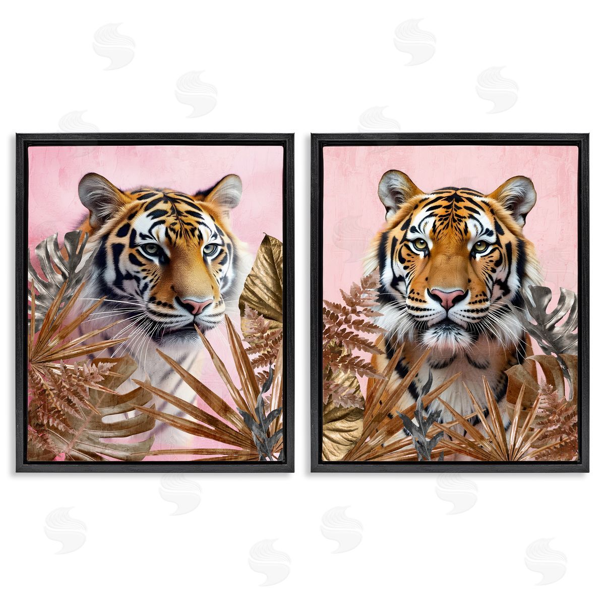 Fierce Tigers & Gold Leaves Black Floating Frame Canvas Wall Art, Home Decor by Kim Allen