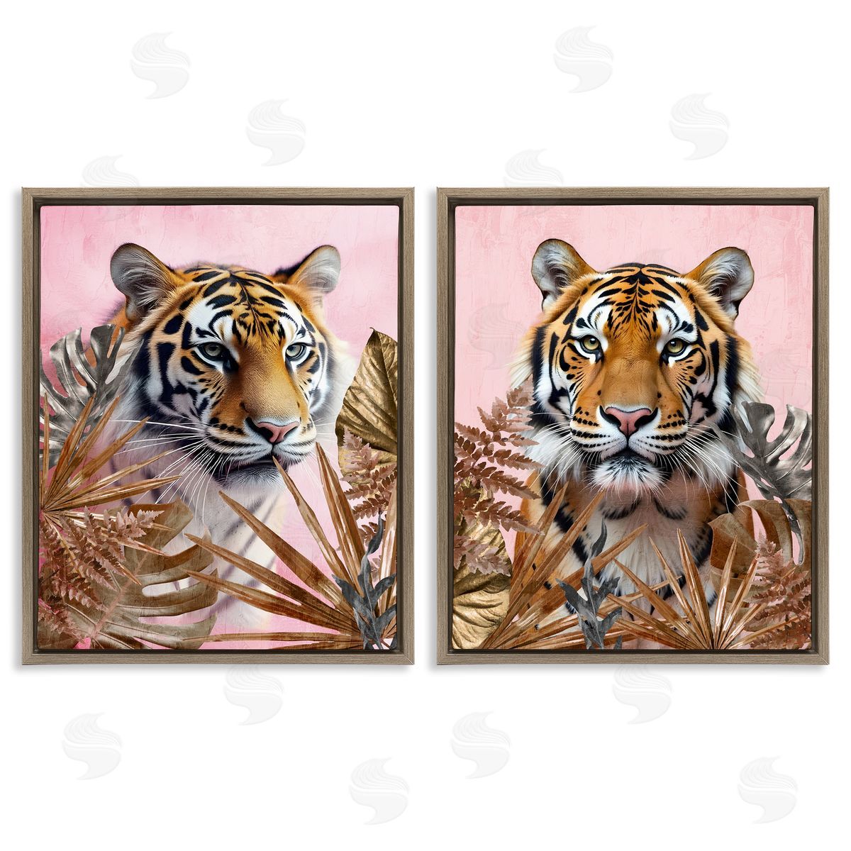 Fierce Tigers & Gold Leaves Brown Floating Frame Canvas Wall Art, Home Decor by Kim Allen