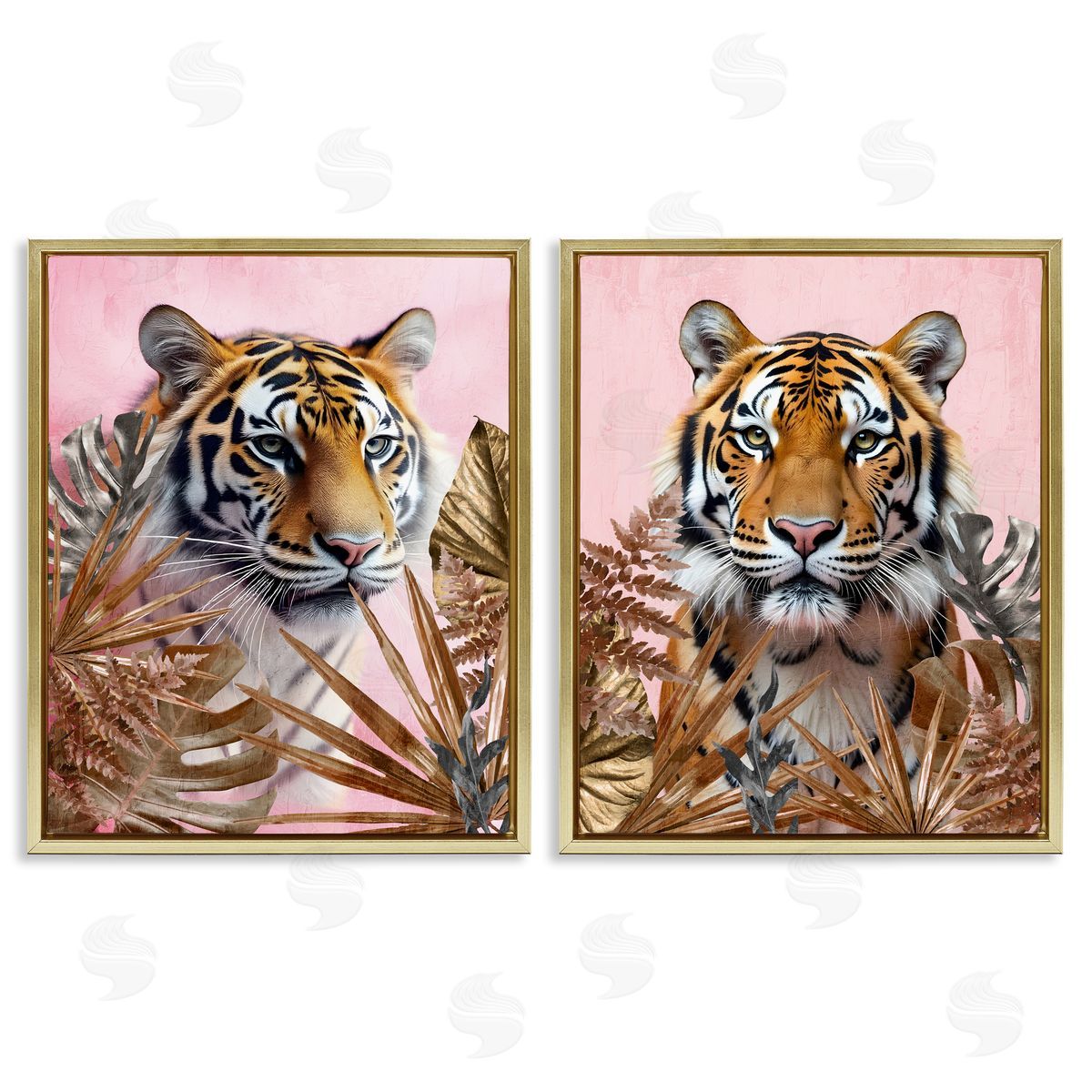 Fierce Tigers & Gold Leaves Gold Floating Frame Canvas Wall Art, Home Decor by Kim Allen