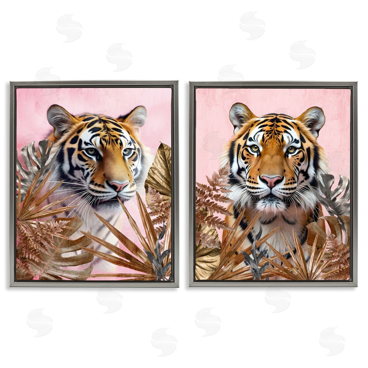 Fierce Tigers & Gold Leaves Grey Floating Frame Canvas Wall Art, Home Decor by Kim Allen