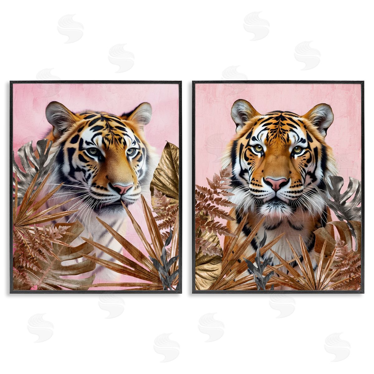 Fierce Tigers & Gold Leaves Black Frame Print Wall Art, Home Decor by Kim Allen