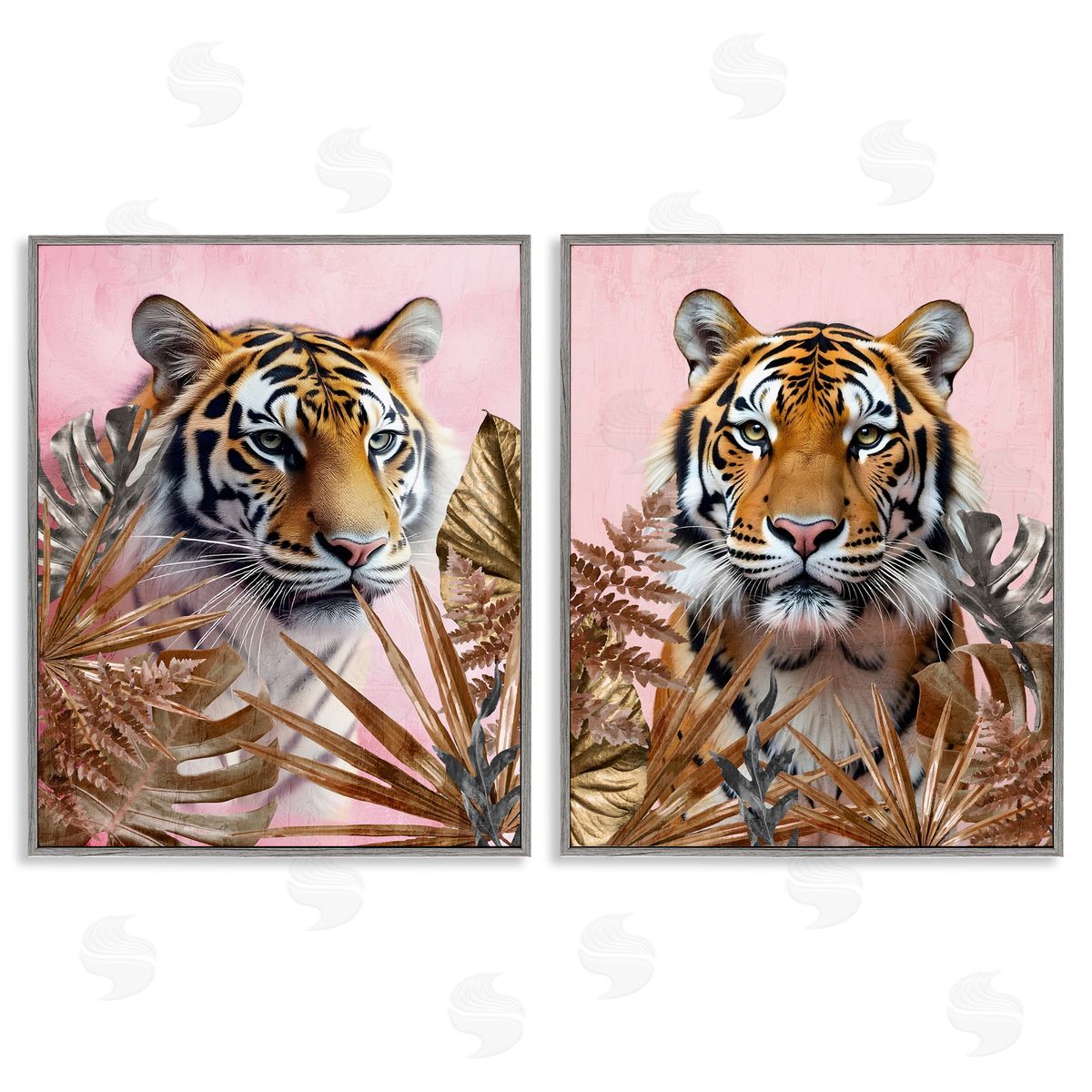 Fierce Tigers & Gold Leaves Grey Frame Print Wall Art, Home Decor by Kim Allen