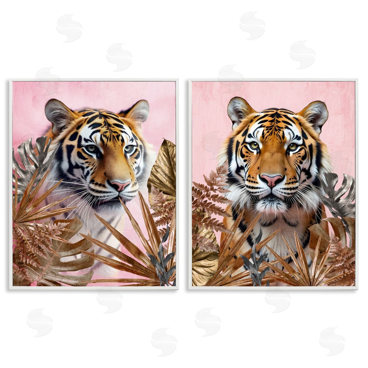 Fierce Tigers & Gold Leaves White Frame Print Wall Art, Home Decor by Kim Allen