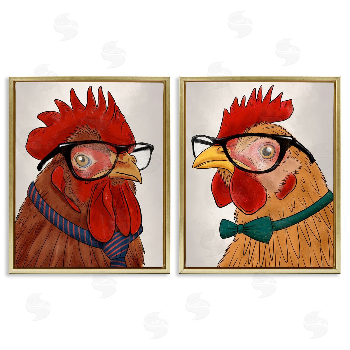 Quirky Hipster Roosters Gold Floating Frame Canvas Wall Art, Home Decor by Marcus Prime