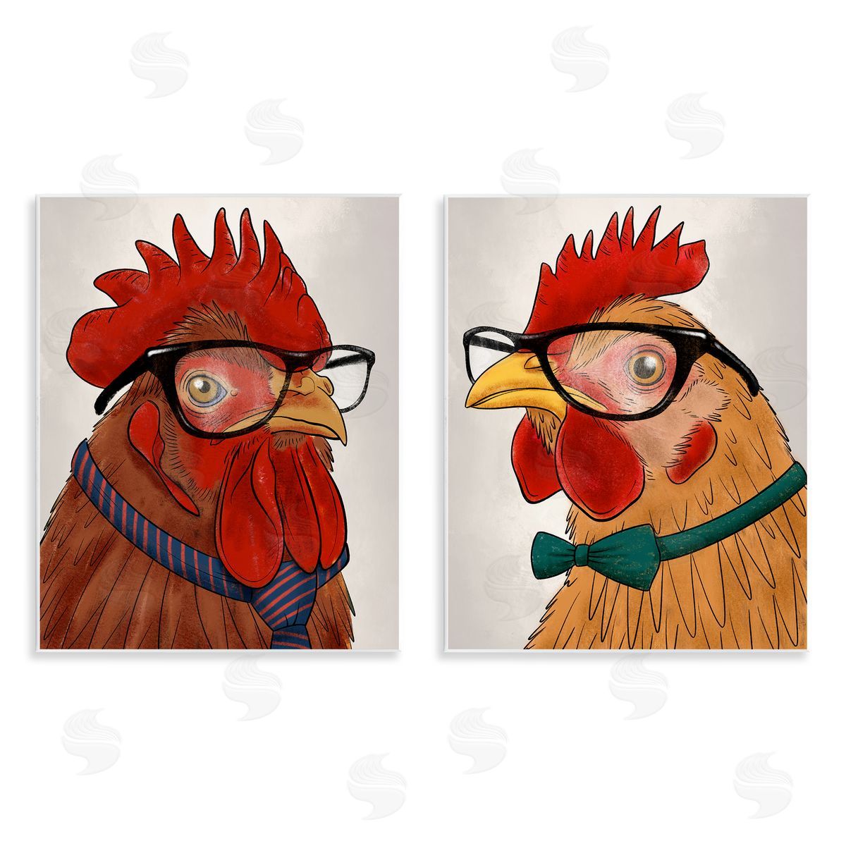 Quirky Hipster Roosters Wood Plaque Wall Art, Home Decor by Marcus Prime