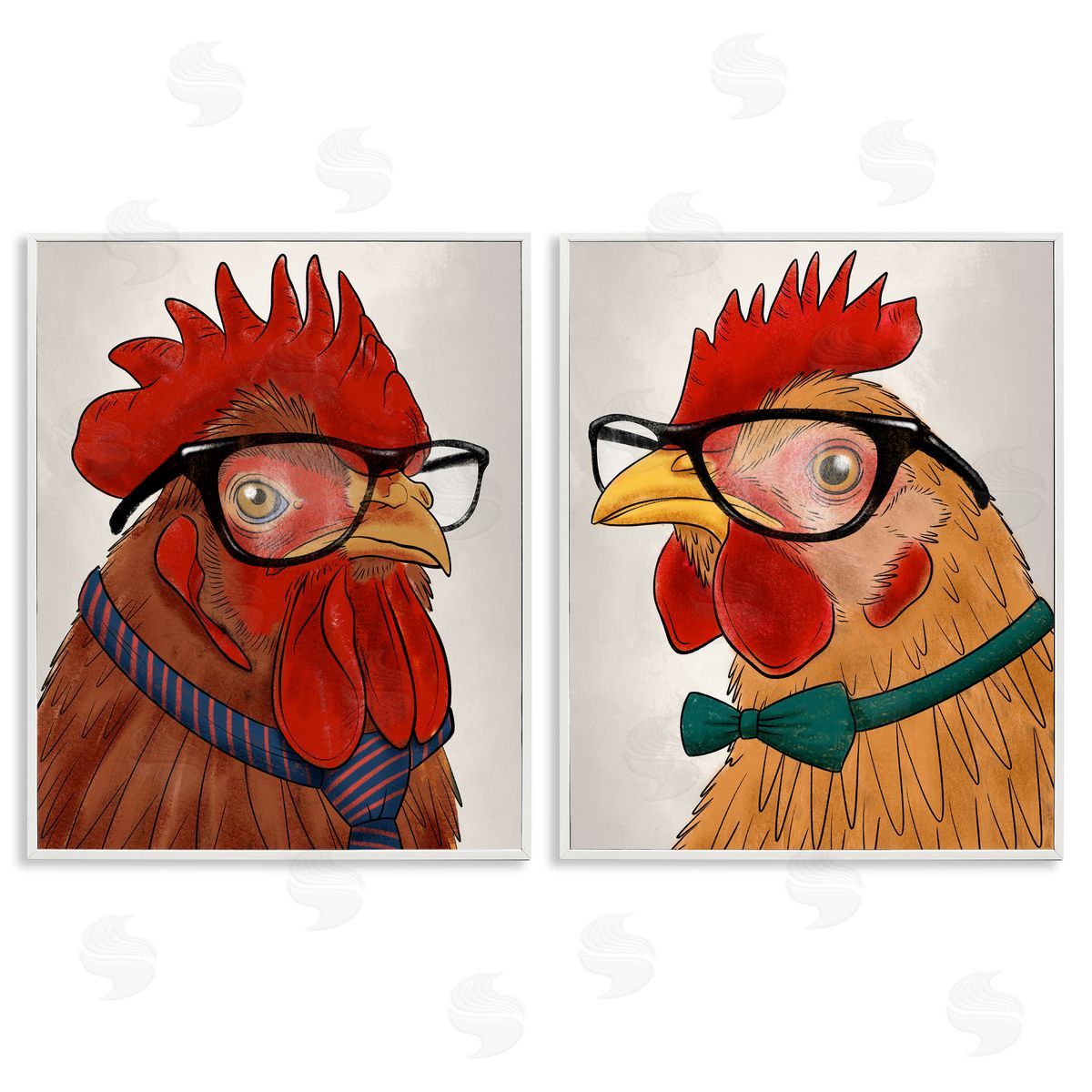 Quirky Hipster Roosters White Frame Print Wall Art, Home Decor by Marcus Prime
