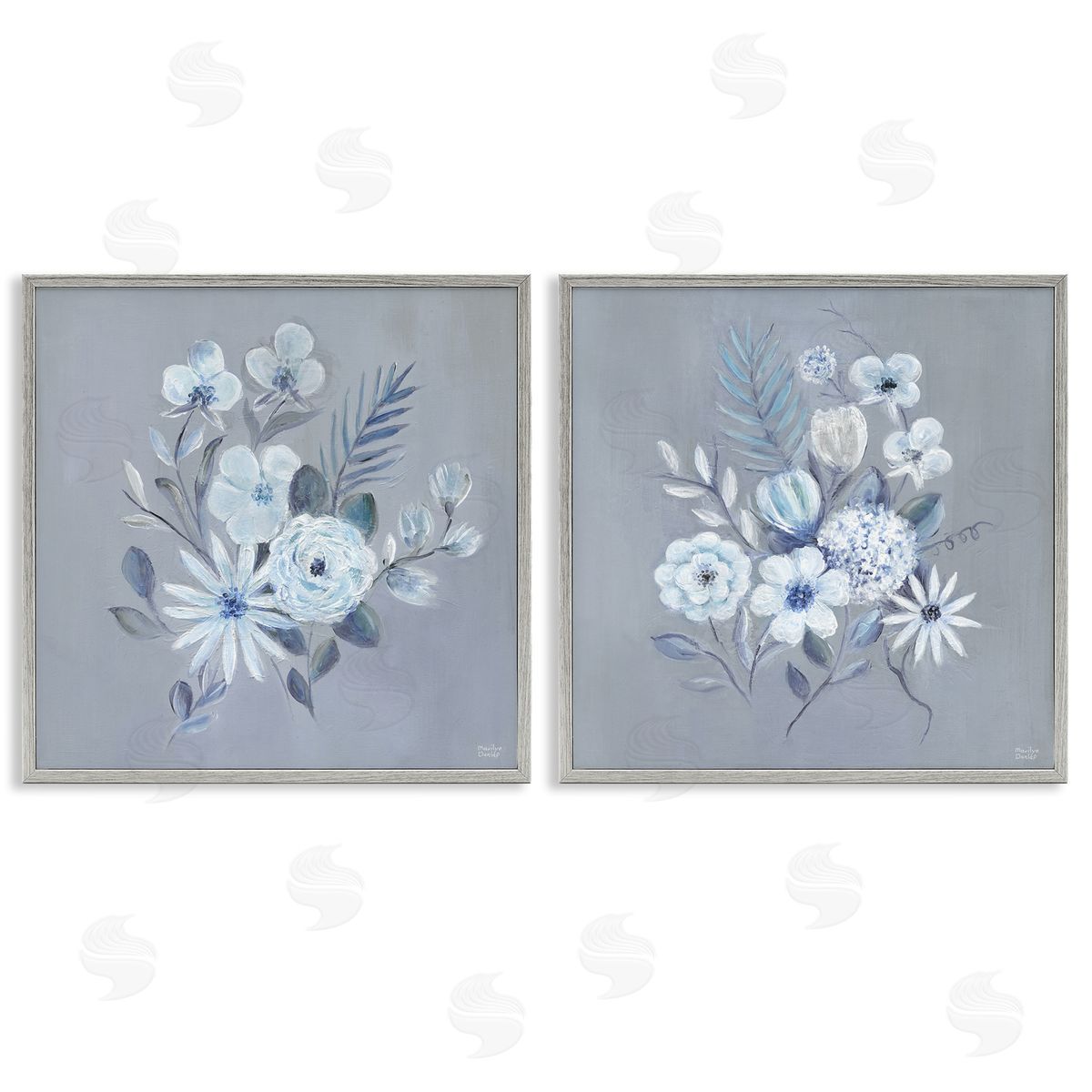 Delicate Flower Bunches Grey Frame Print Wall Art, Home Decor by Marilyn Dunlap