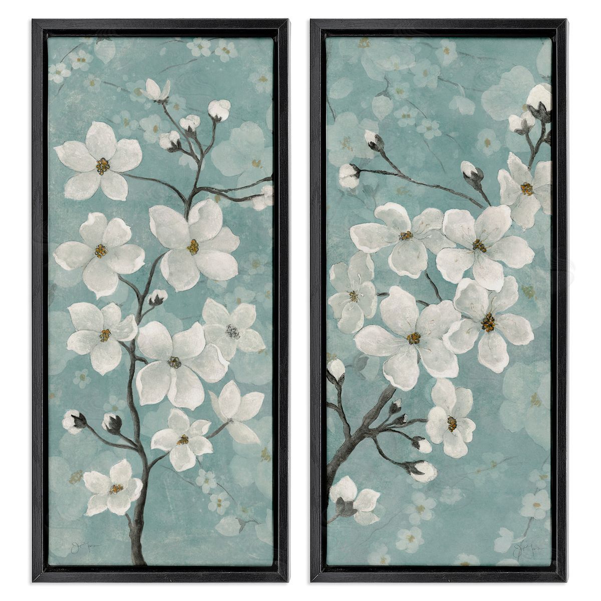 Green Toned Blossoms Black Floating Frame Canvas Wall Art, Home Decor by Tava Studios