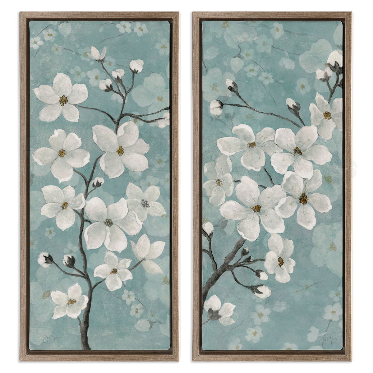 Green Toned Blossoms Brown Floating Frame Canvas Wall Art, Home Decor by Tava Studios