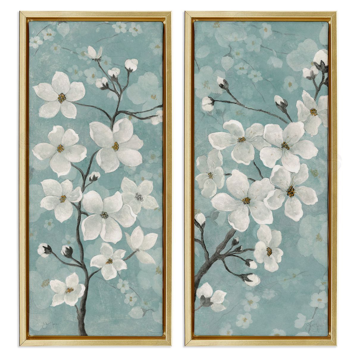 Green Toned Blossoms Gold Floating Frame Canvas Wall Art, Home Decor by Tava Studios