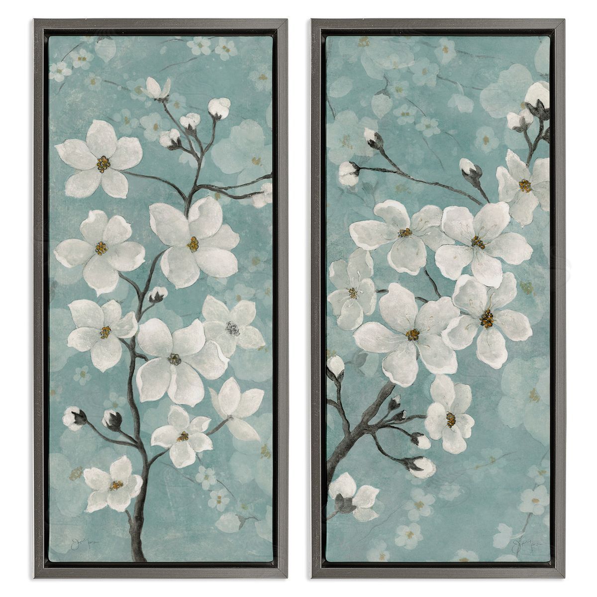 Green Toned Blossoms Grey Floating Frame Canvas Wall Art, Home Decor by Tava Studios
