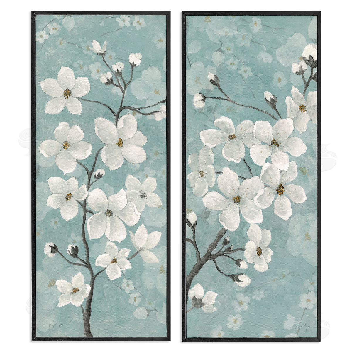 Green Toned Blossoms Black Frame Print Wall Art, Home Decor by Tava Studios