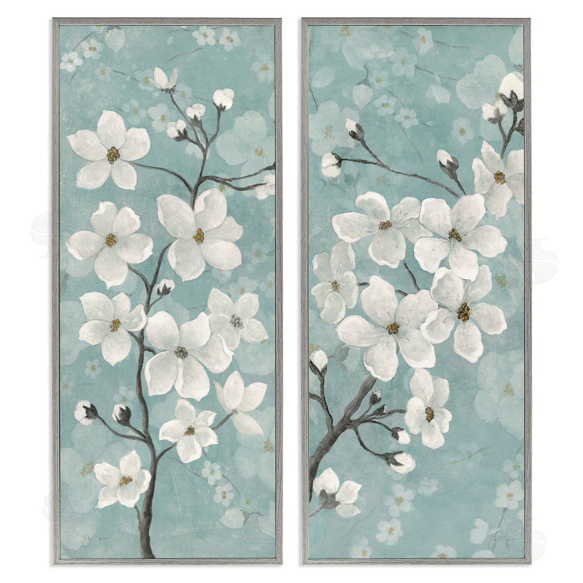 Green Toned Blossoms Grey Frame Print Wall Art, Home Decor by Tava Studios