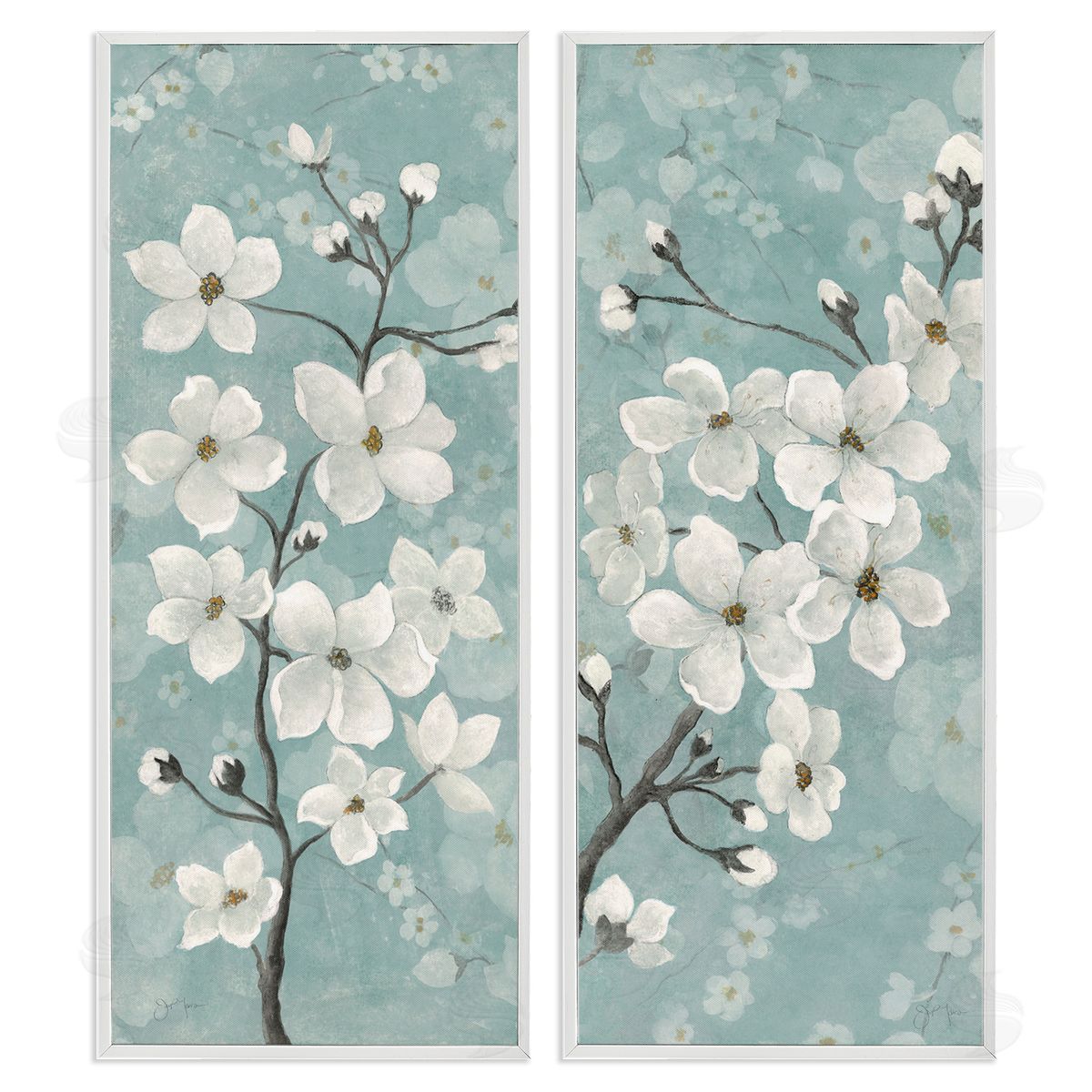 Green Toned Blossoms White Frame Print Wall Art, Home Decor by Tava Studios