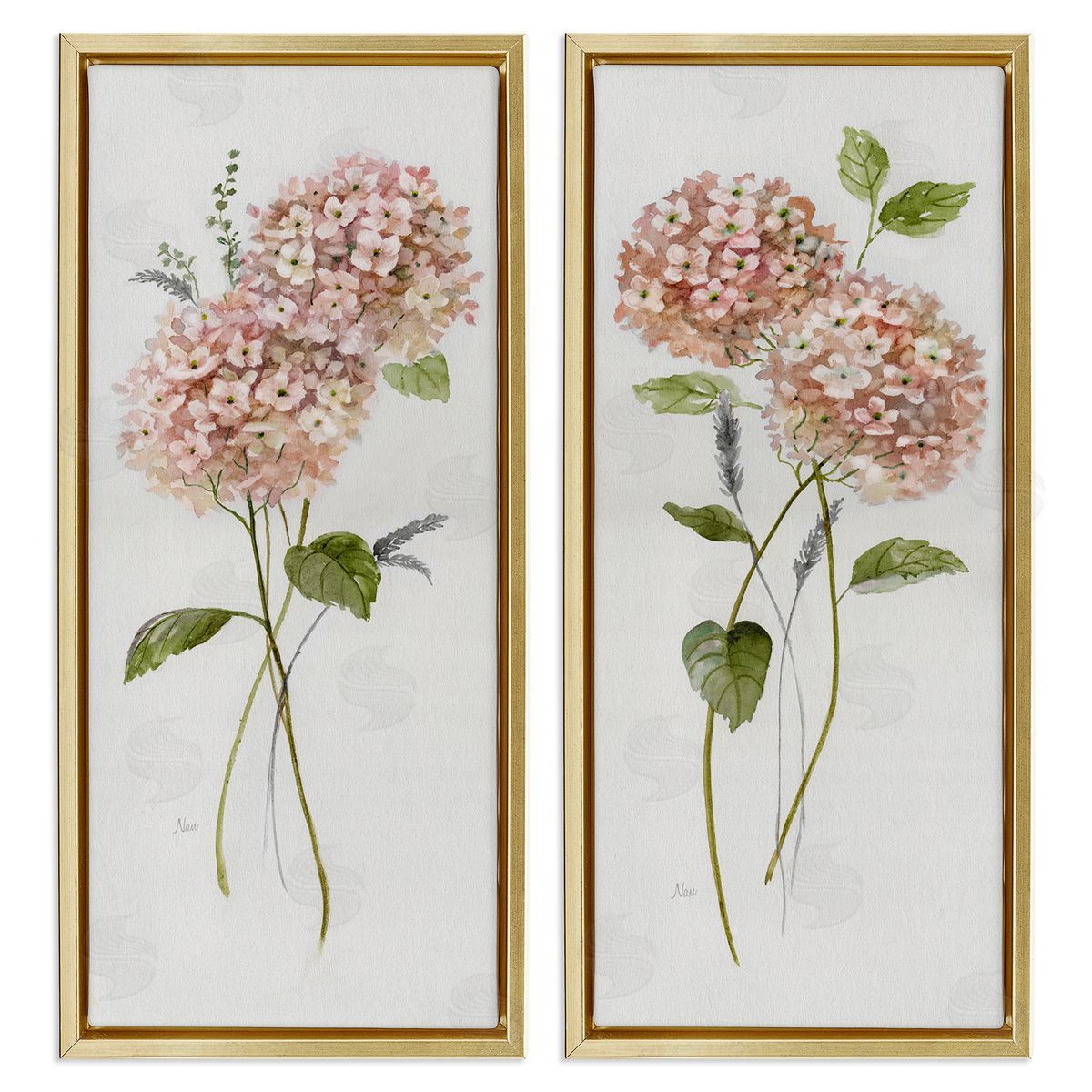 Pink Hydrangea Sprigs Gold Floating Frame Canvas Wall Art, Home Decor by Nan