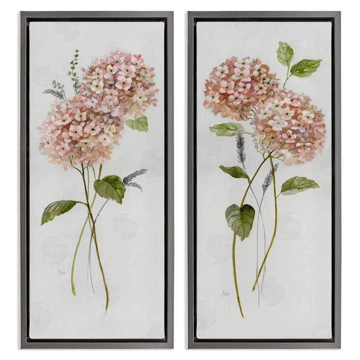 Pink Hydrangea Sprigs Grey Floating Frame Canvas Wall Art, Home Decor by Nan