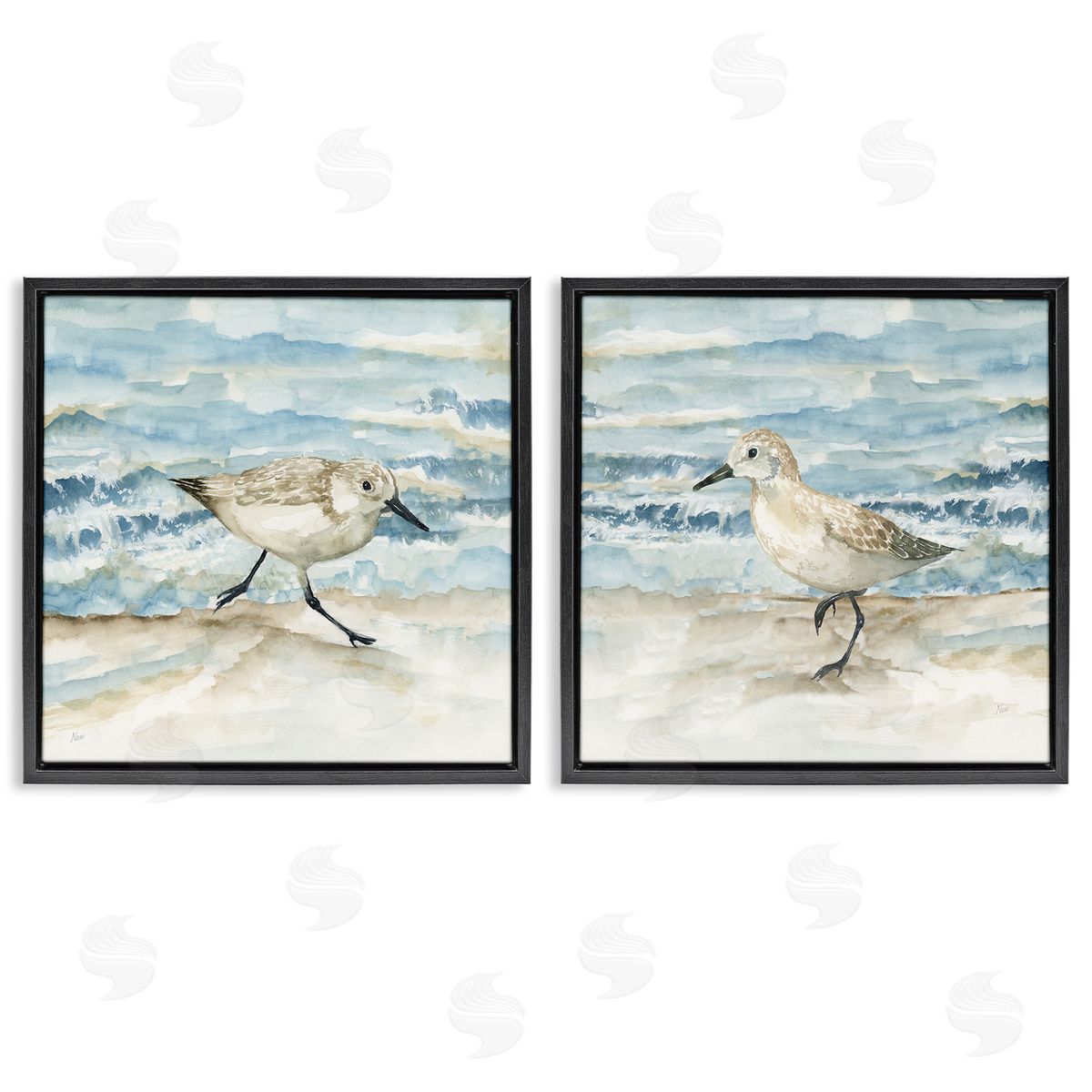 Sandpipers Treading Beach Shore Black Floating Frame Canvas Wall Art, Home Decor by Nan