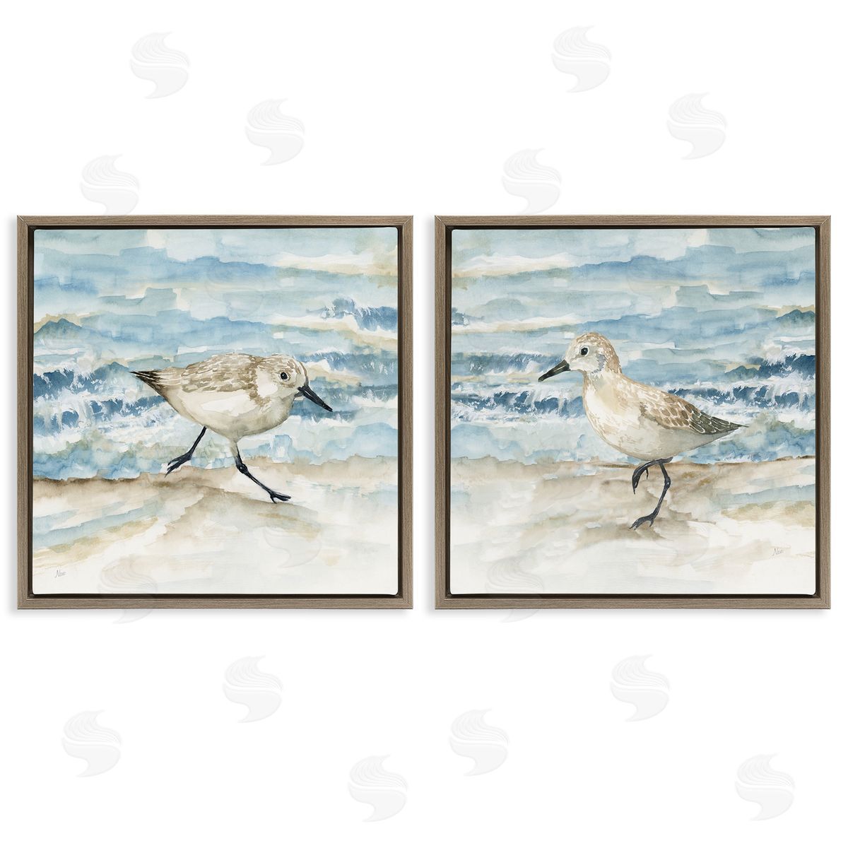 Sandpipers Treading Beach Shore Brown Floating Frame Canvas Wall Art, Home Decor by Nan