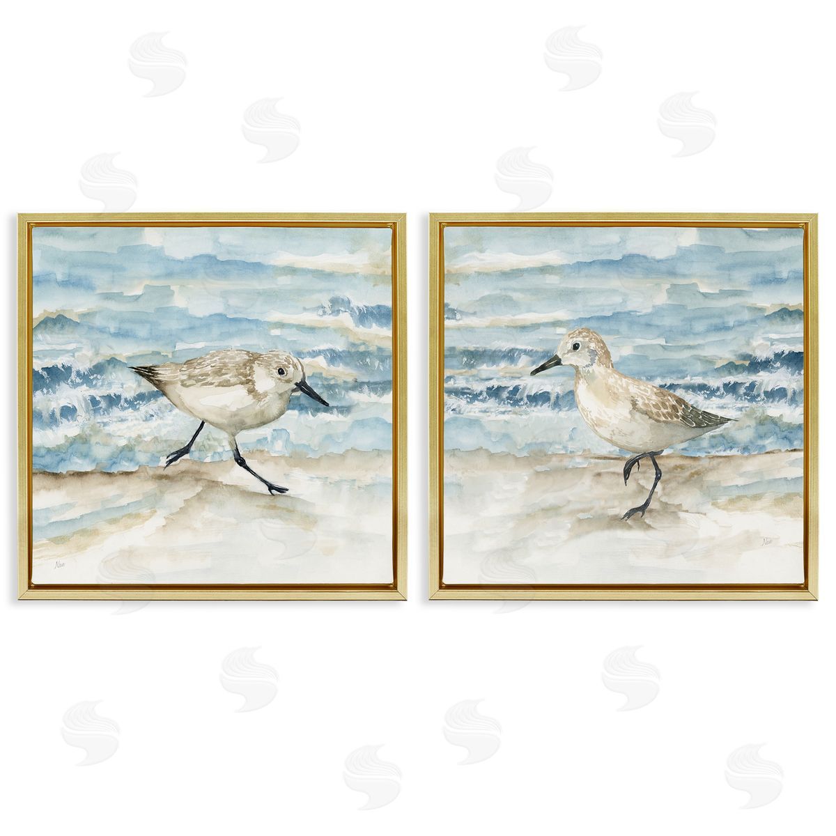 Sandpipers Treading Beach Shore Gold Floating Frame Canvas Wall Art, Home Decor by Nan