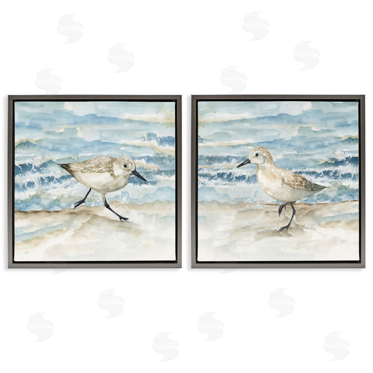 Sandpipers Treading Beach Shore Grey Floating Frame Canvas Wall Art, Home Decor by Nan