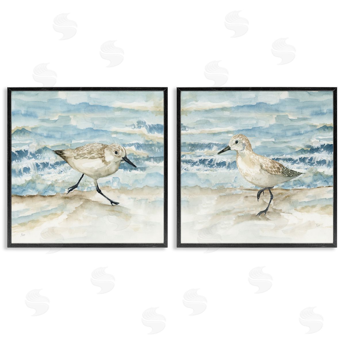 Sandpipers Treading Beach Shore Black Frame Print Wall Art, Home Decor by Nan