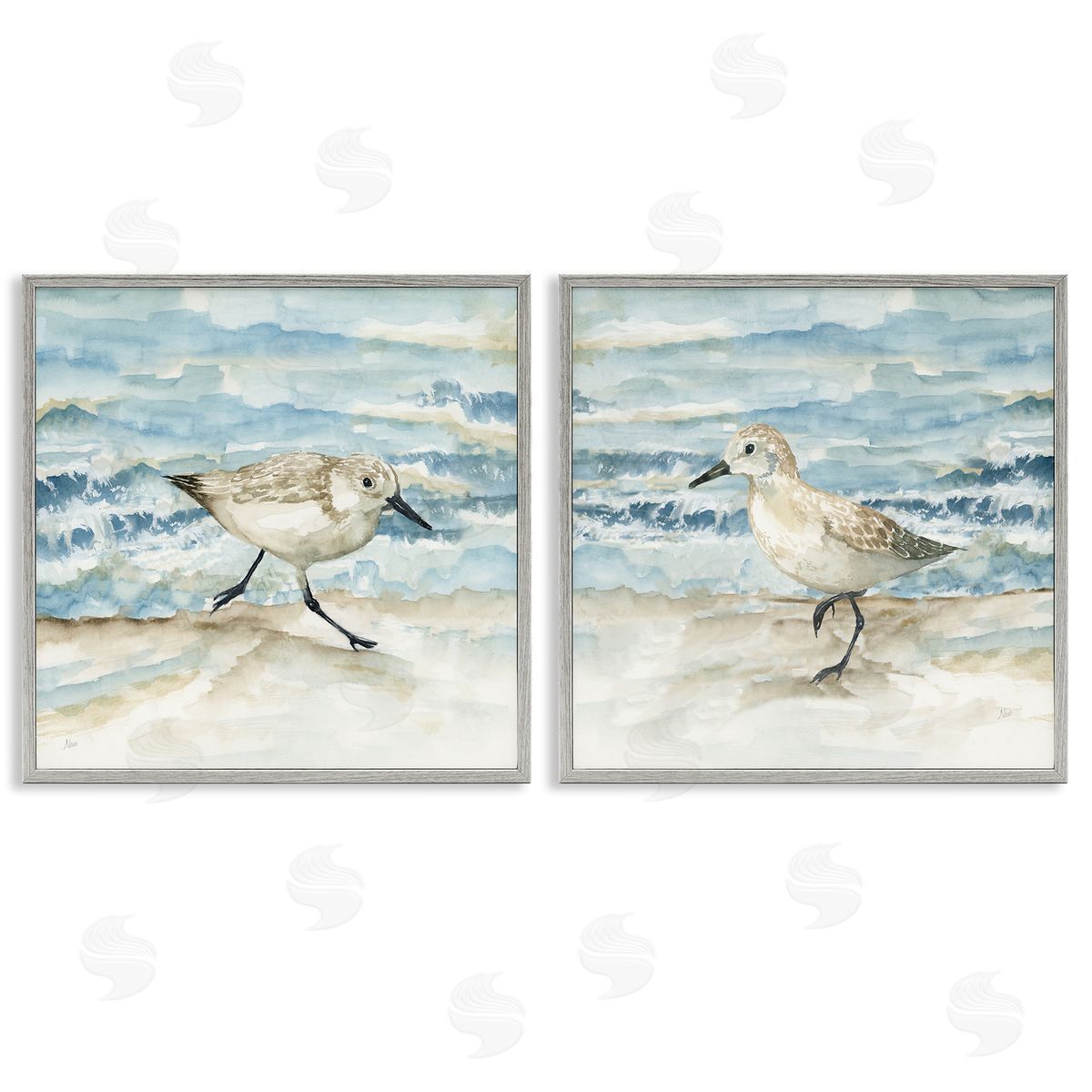Sandpipers Treading Beach Shore Grey Frame Print Wall Art, Home Decor by Nan