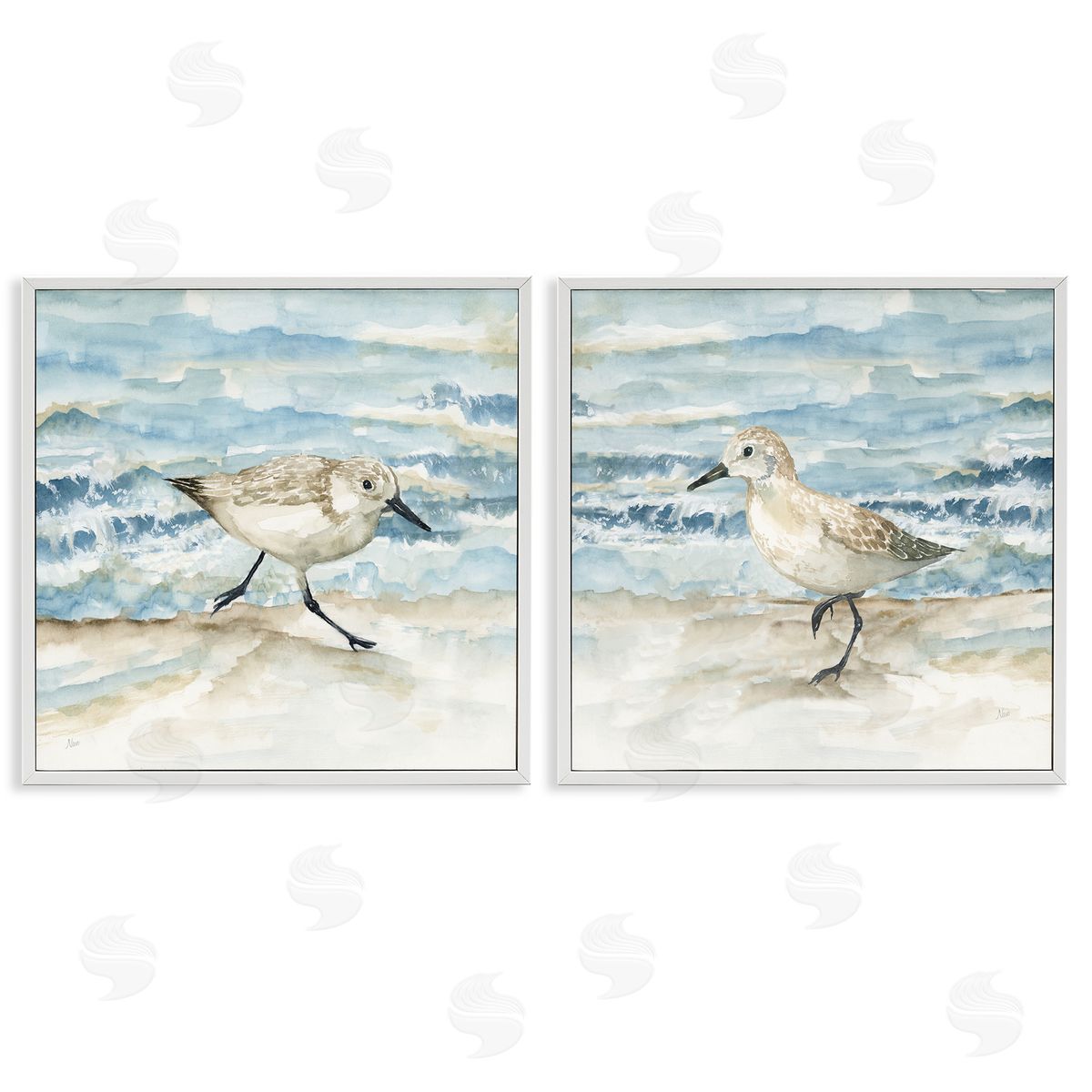 Sandpipers Treading Beach Shore White Frame Print Wall Art, Home Decor by Nan