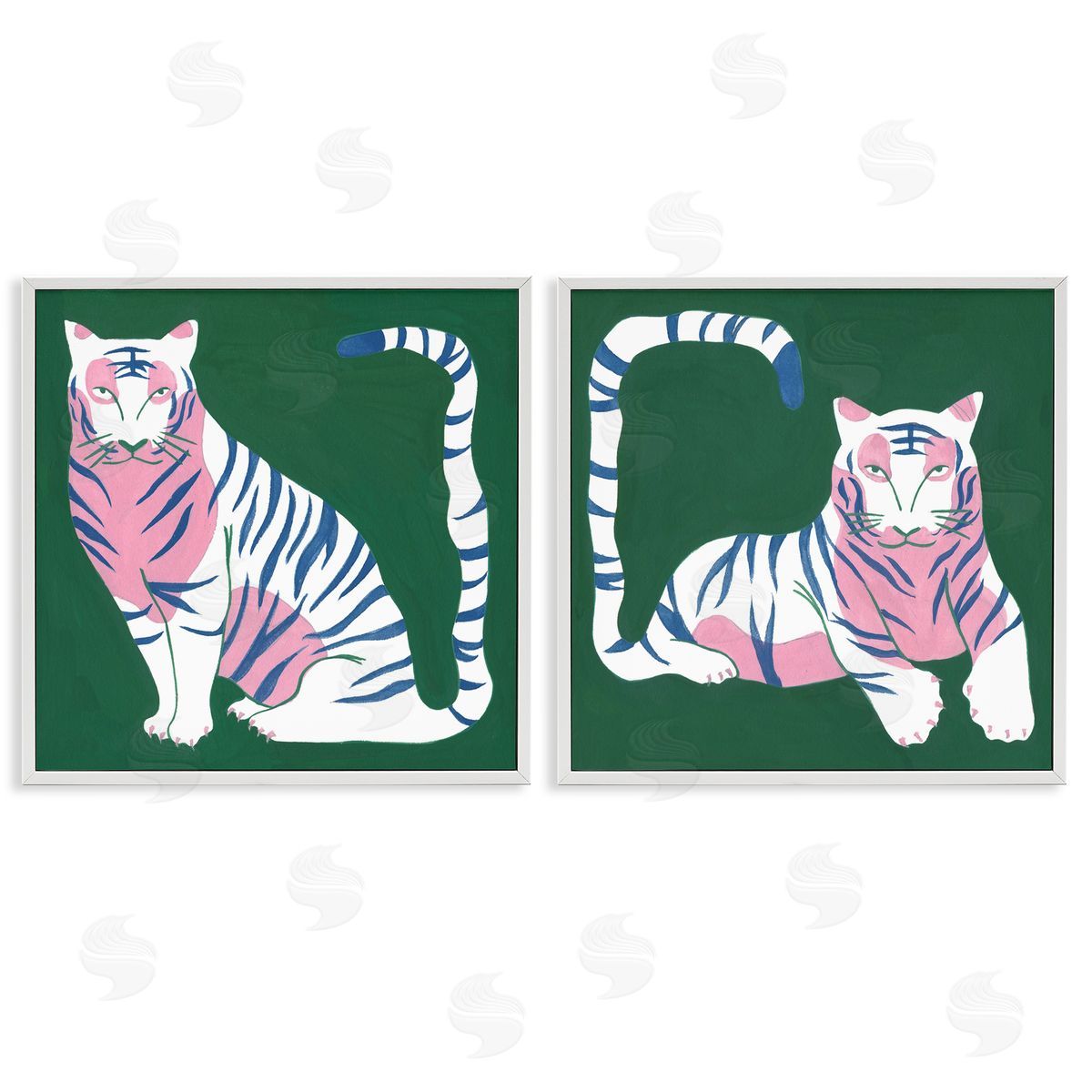 Fierce Lounging Tigers White Frame Print Wall Art, Home Decor by Melissa Wang