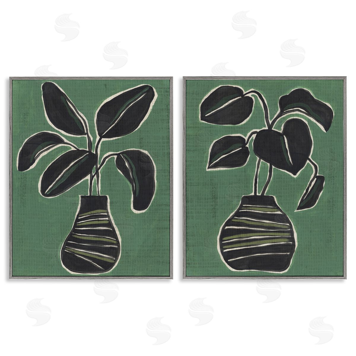 Green Toned House Plants Grey Frame Print Wall Art, Home Decor by June Erica Vess