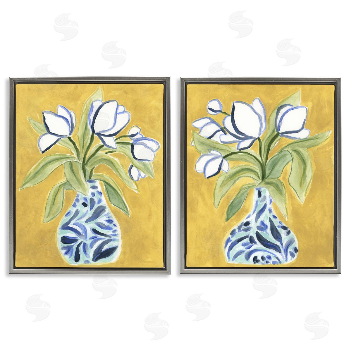 Tulip Vases on Yellow Grey Floating Frame Canvas Wall Art, Home Decor by June Erica Vess