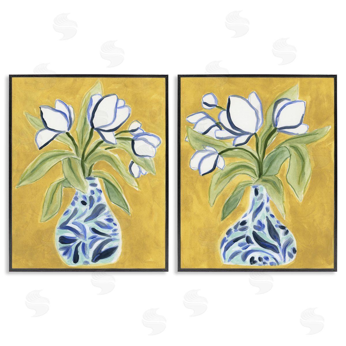 Tulip Vases on Yellow Black Frame Print Wall Art, Home Decor by June Erica Vess