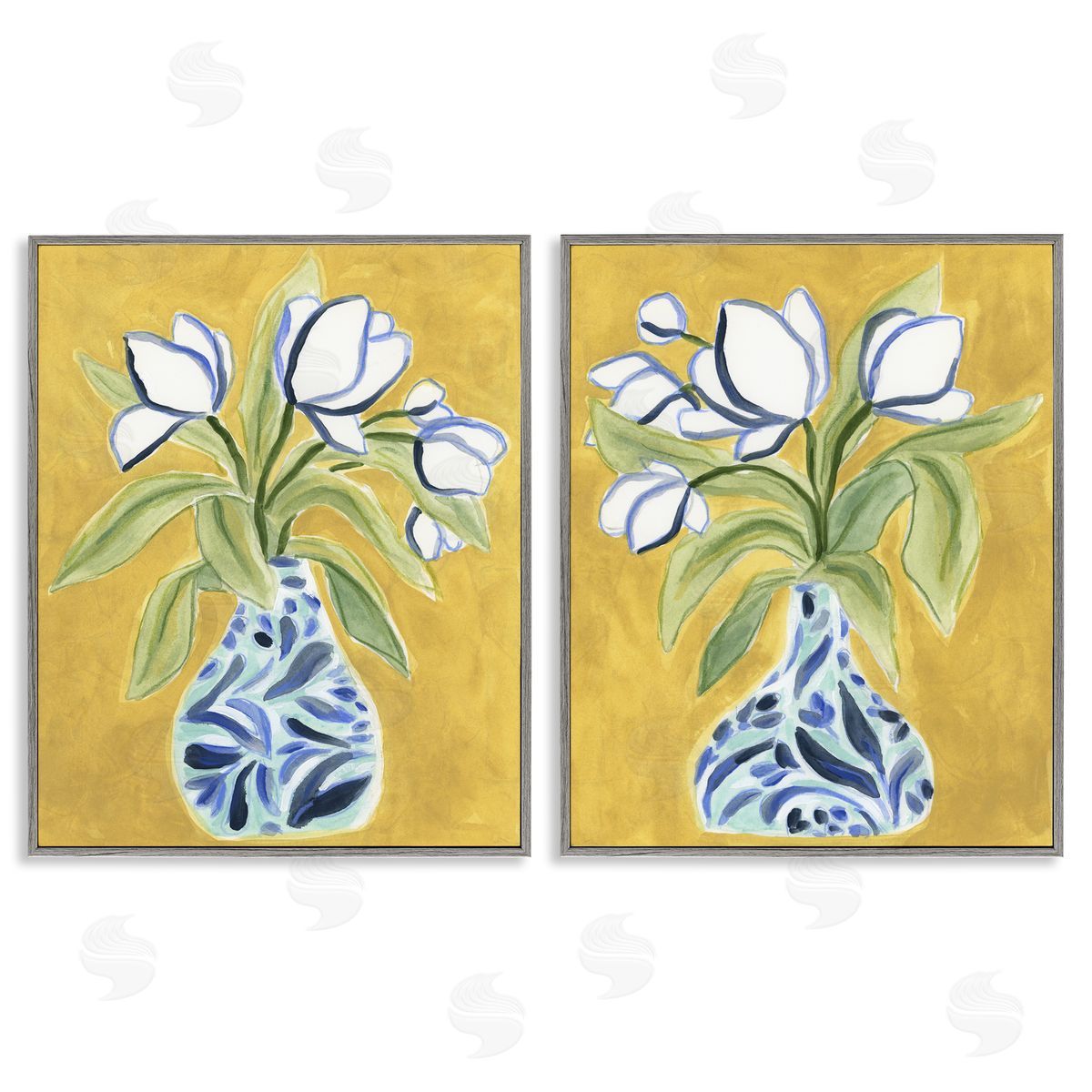 Tulip Vases on Yellow Grey Frame Print Wall Art, Home Decor by June Erica Vess