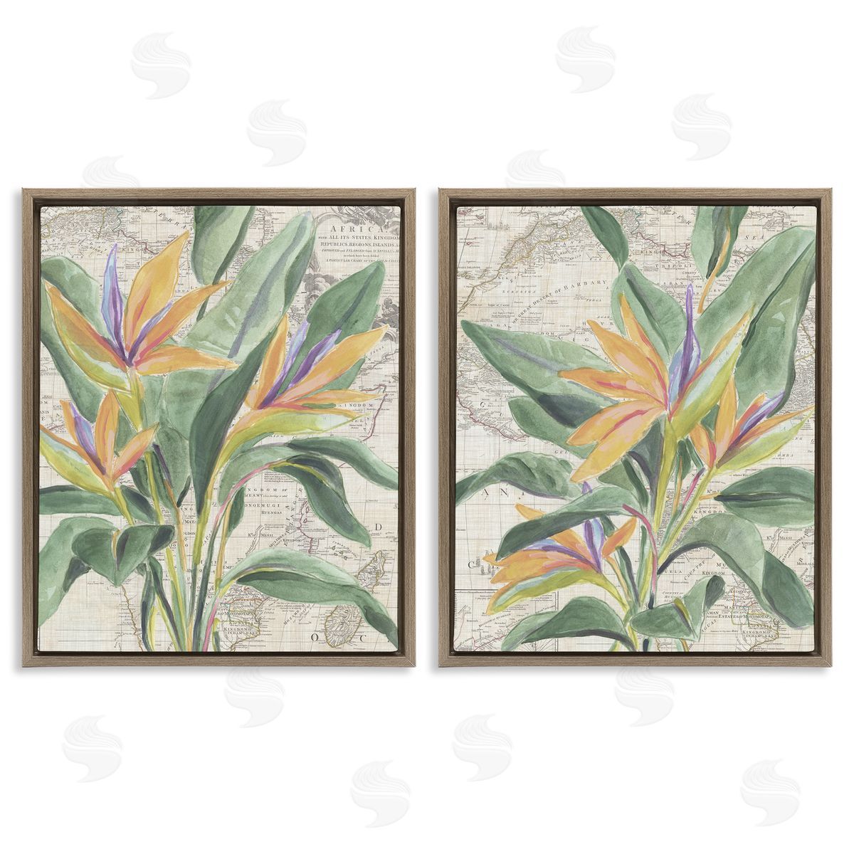 Flowers over Vintage Map Brown Floating Frame Canvas Wall Art, Home Decor by June Erica Vess