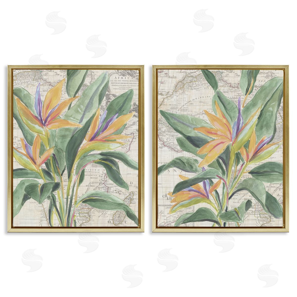 Flowers over Vintage Map Gold Floating Frame Canvas Wall Art, Home Decor by June Erica Vess