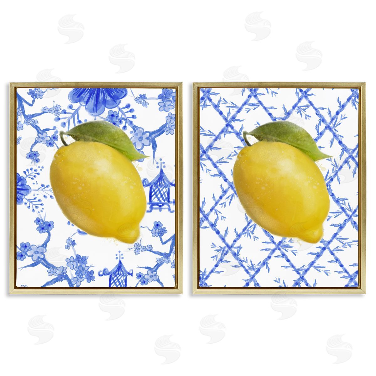 Classic Chinoiserie Lemons Gold Floating Frame Canvas Wall Art, Home Decor by Matthew Piotrowicz