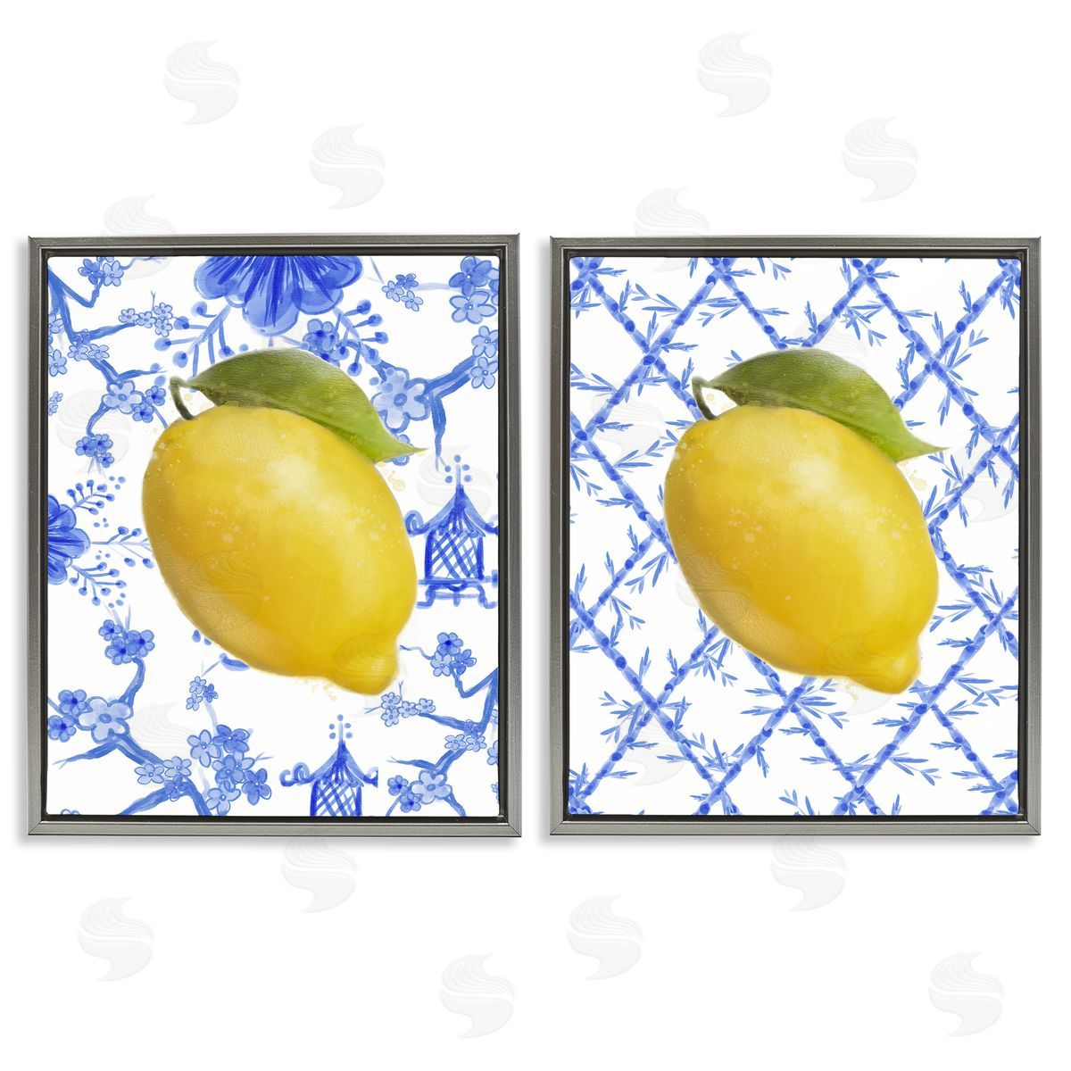 Classic Chinoiserie Lemons Grey Floating Frame Canvas Wall Art, Home Decor by Matthew Piotrowicz