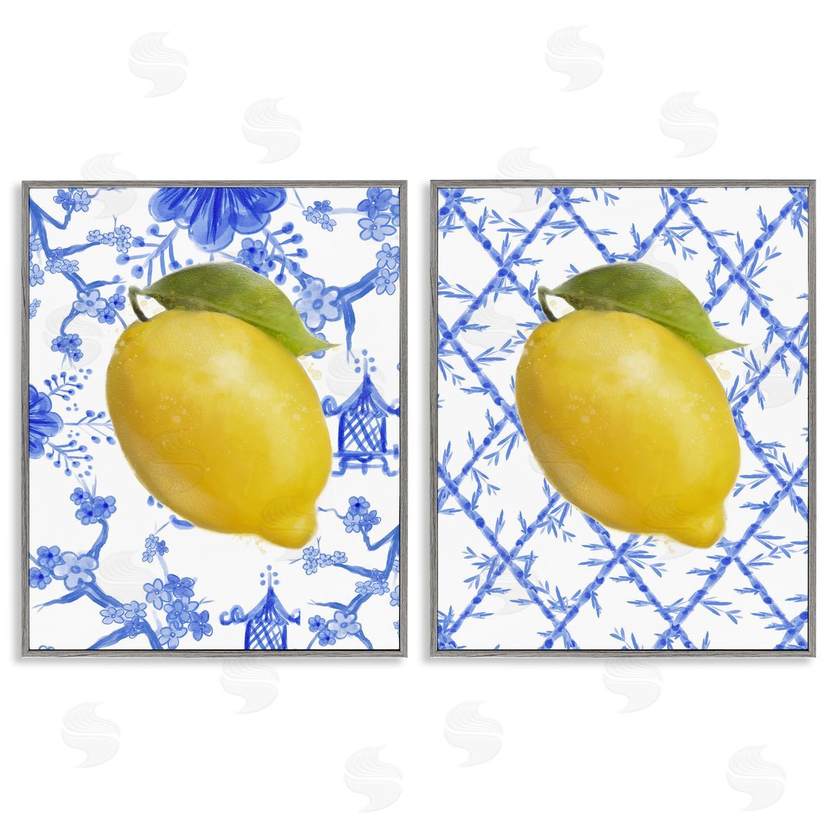 Classic Chinoiserie Lemons Grey Frame Print Wall Art, Home Decor by Matthew Piotrowicz