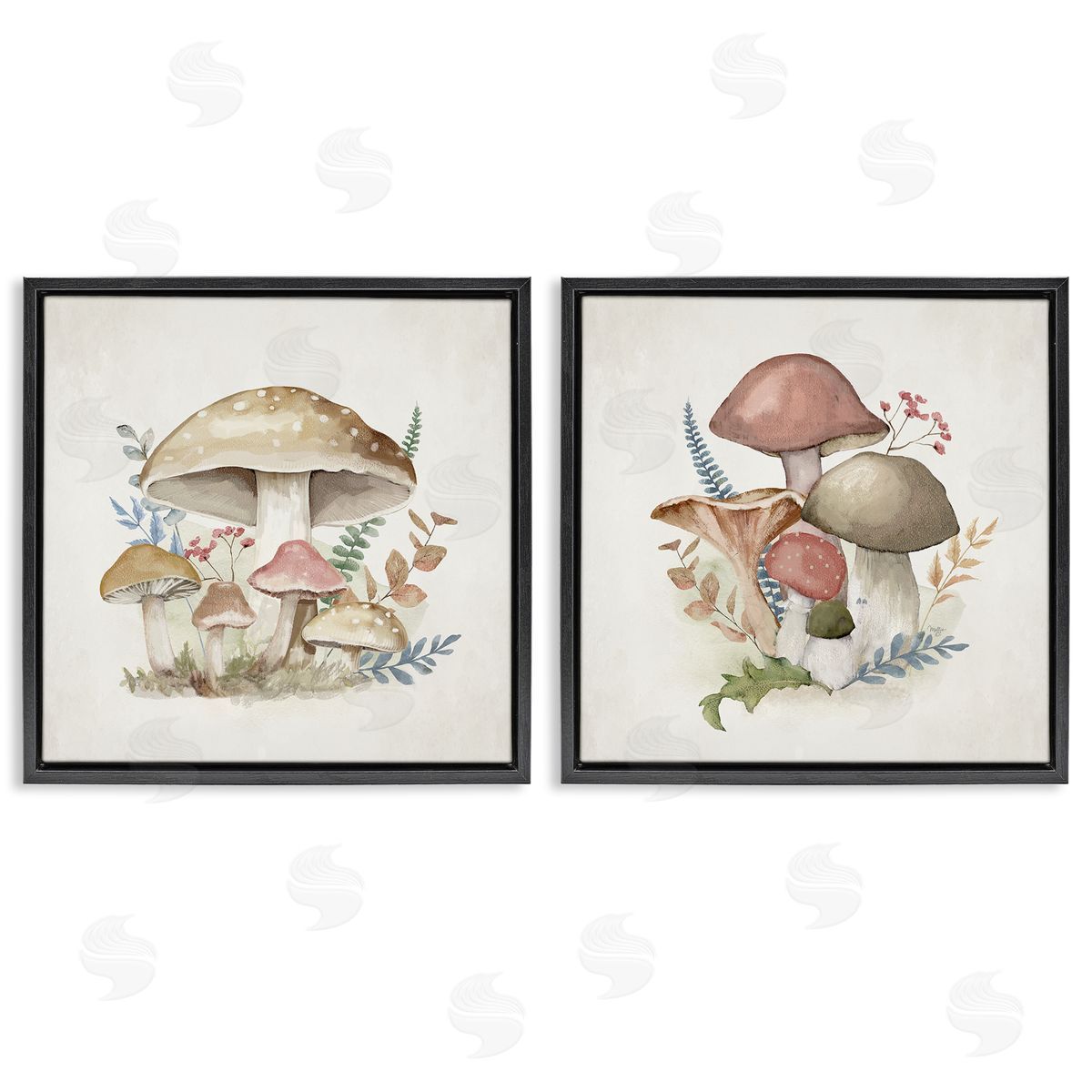 Pastel Blooming Mushrooms Black Floating Frame Canvas Wall Art, Home Decor by Mollie B.