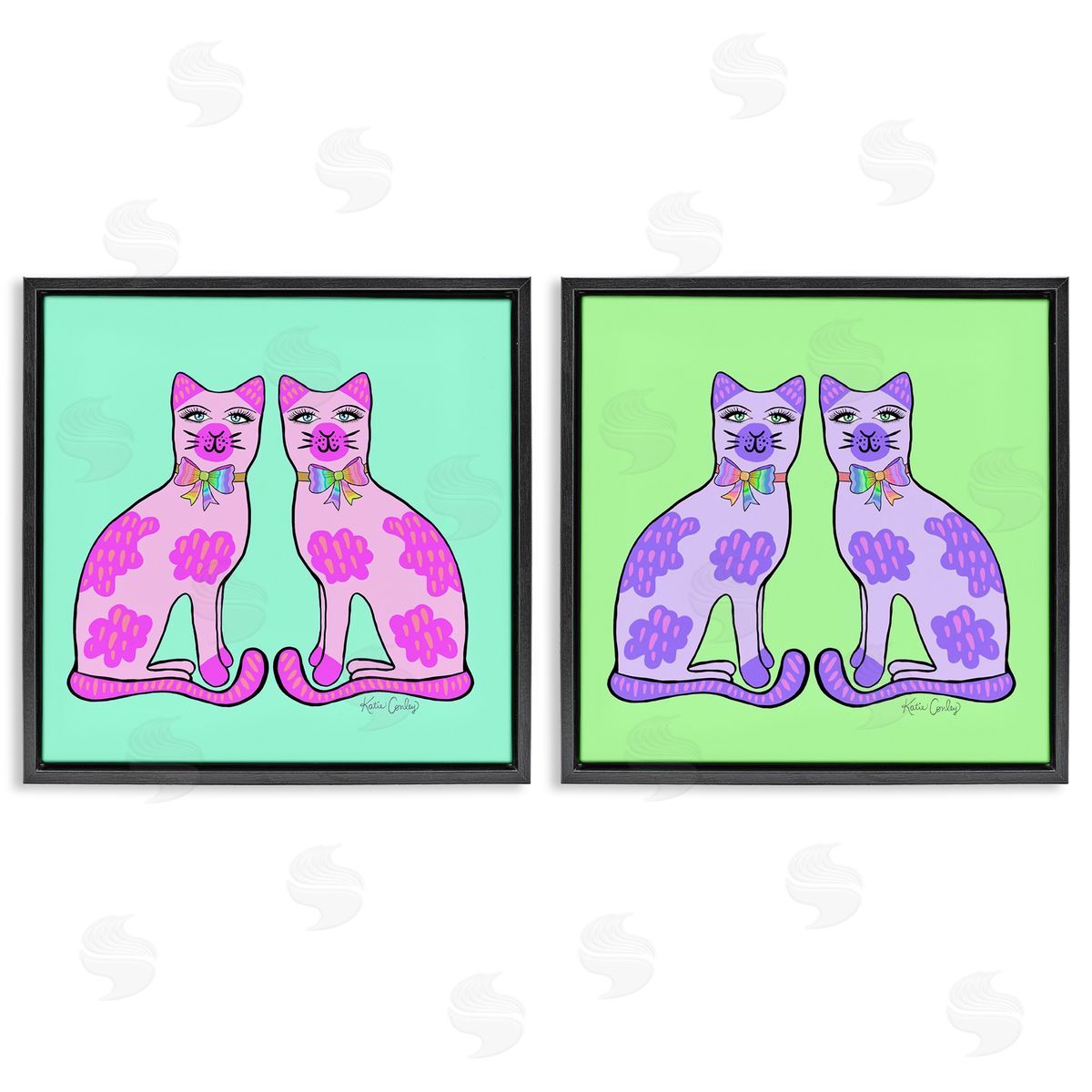 Bright Purple Cat Pairs Black Floating Frame Canvas Wall Art, Home Decor by Katie Conley