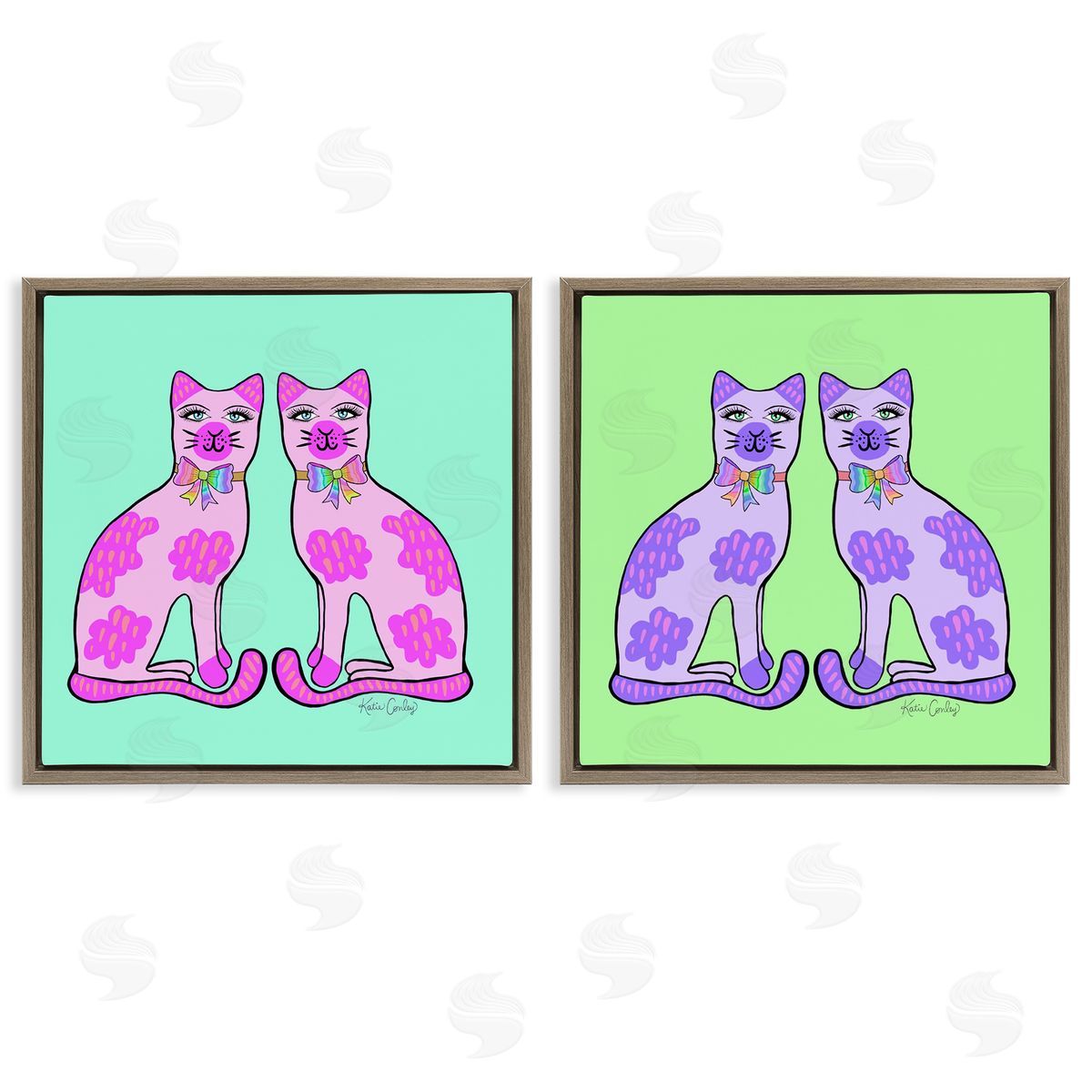 Bright Purple Cat Pairs Brown Floating Frame Canvas Wall Art, Home Decor by Katie Conley