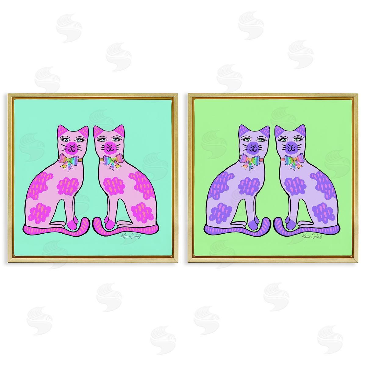 Bright Purple Cat Pairs Gold Floating Frame Canvas Wall Art, Home Decor by Katie Conley